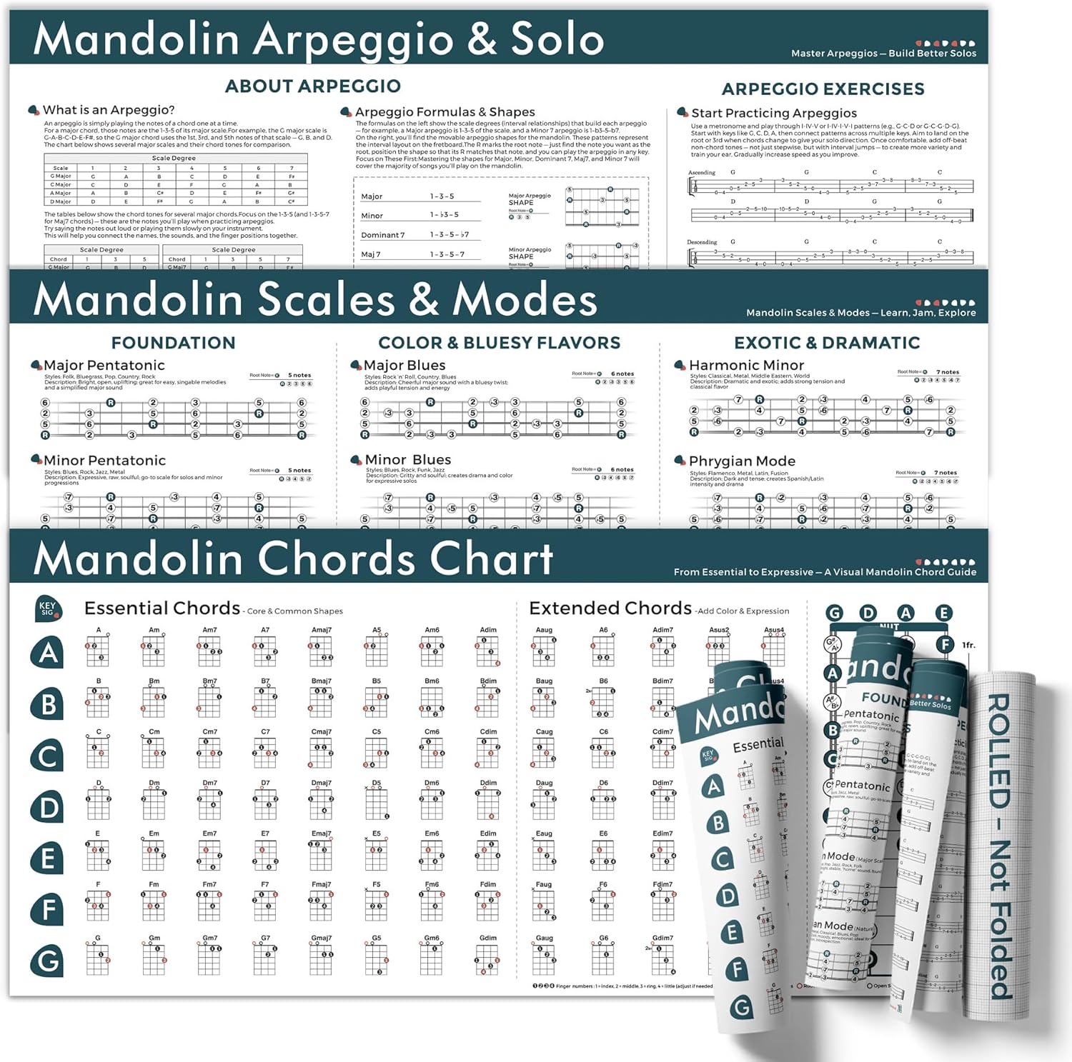 Mandolin Wall Chart Bundle – Set of 3 Posters: Chords, Scales & Arpeggios – 18x36 Inch Canvas Mandolin Learning Bundle for Beginner to Advanced Players – Rolled in Tube, Not Folded