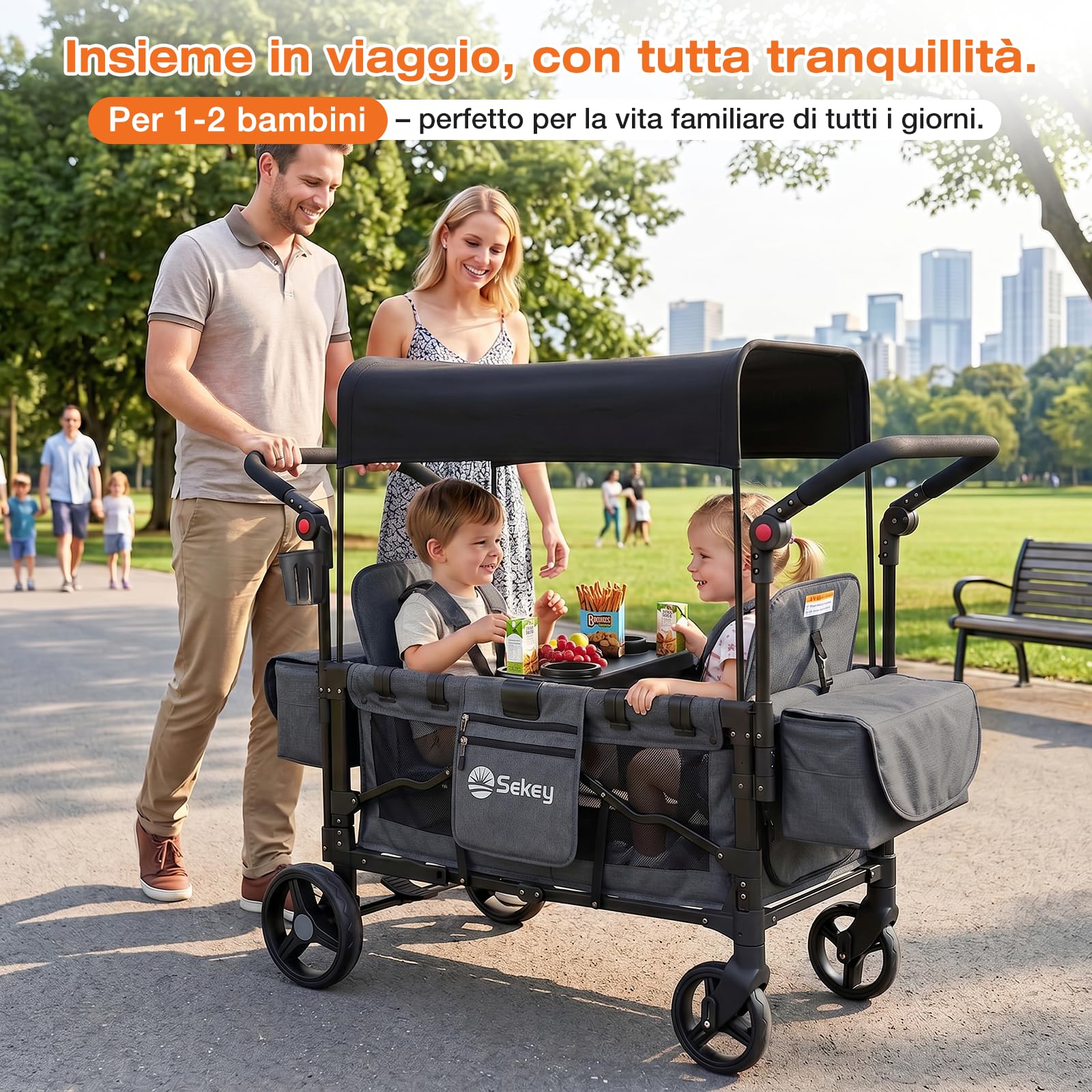 Sekey Carrello pieghevole per bambini, modalità gemelli, con tendina da sole per 2 bambini, maniglia a spinta duo, passeggino doppio con 2 sistemi di imbracatura a 5 punti integrati, Luxer 6060, Nero