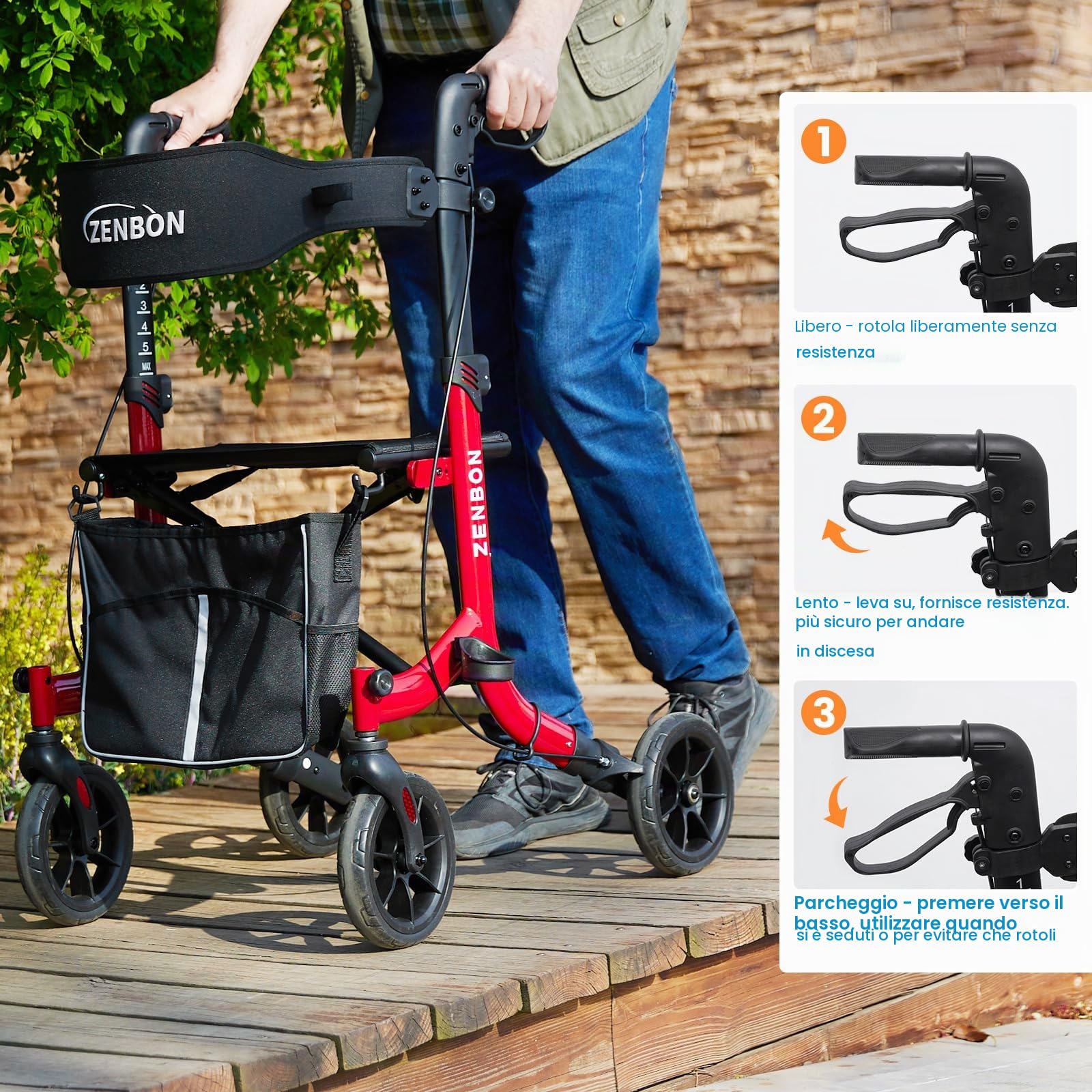Deambulatore in Alluminio Ultraleggero con 4 Ruote: Rollator Stretto per la Casa, Deambulatore con Seduta Pieghevole per Anziani - Rollator da Viaggio con Maniglia Regolabile in Altezza (Rosso)