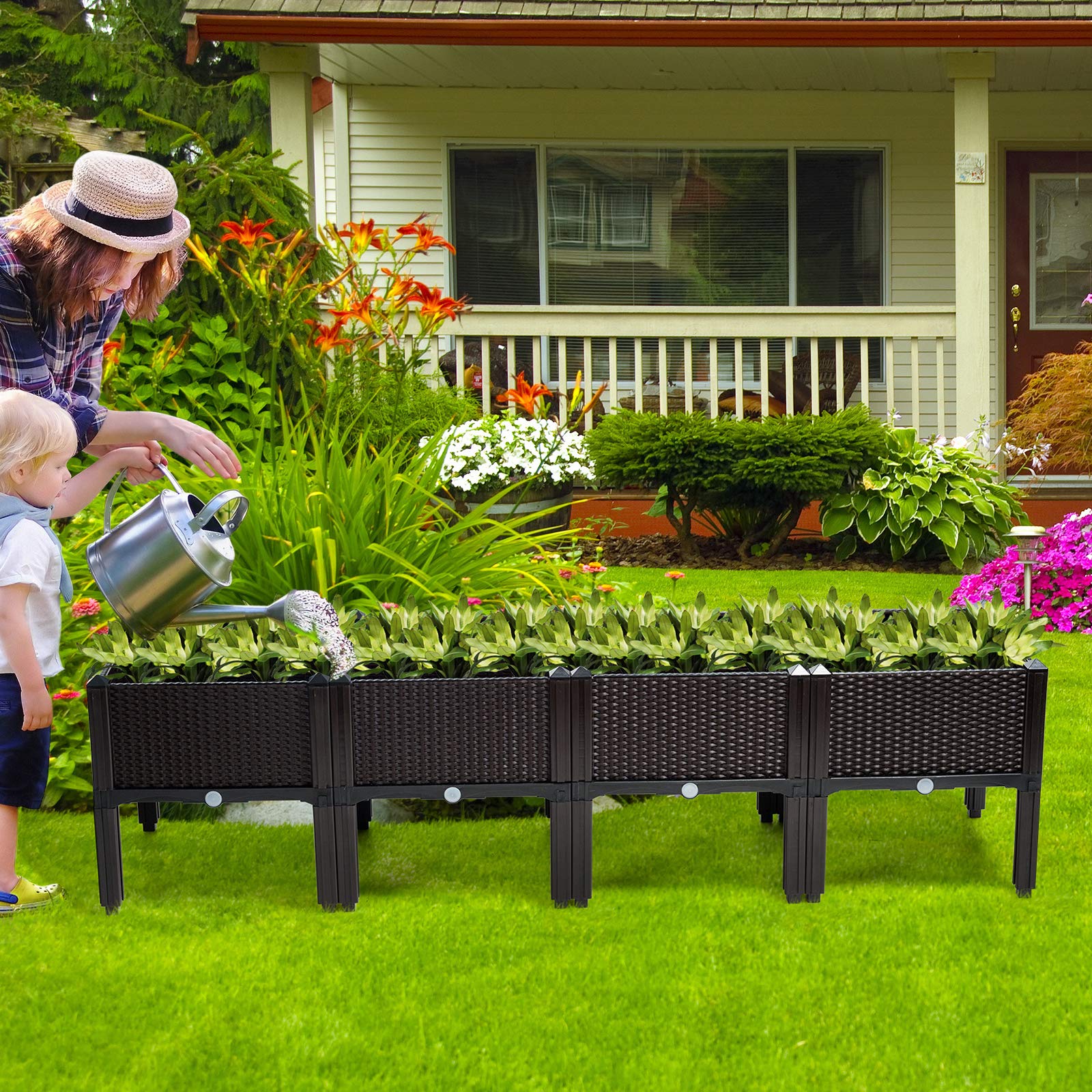 GOPLUS 4-Blumentopf Set, Erhöhtes Gartenbeet mit Wasserspeicher & Entwässerungsloch, stehender Blumentopf mit Abnehmbarer Füße, Blumenkasten für terrasse & Garten & Balkon, Quadratisch 40x40 cm