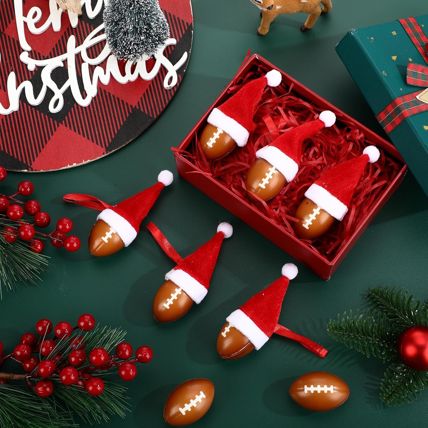 Soulchen 24 Pcs Mini Christmas Football Ornament with Red Santa Hat 1.57 Inch Hanging Foam Sports Balls Decorative Football Ornaments for Christmas Tree Xmas Gifts Home Decor Party Supplies - Image 3