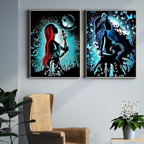 Miniatura 3 de KICHANG Juego de 2 piezas de pintura de diamantes de Halloween 5D para adultos y niños, Pesadilla antes de Navidad, Jack y Sally, pintura de