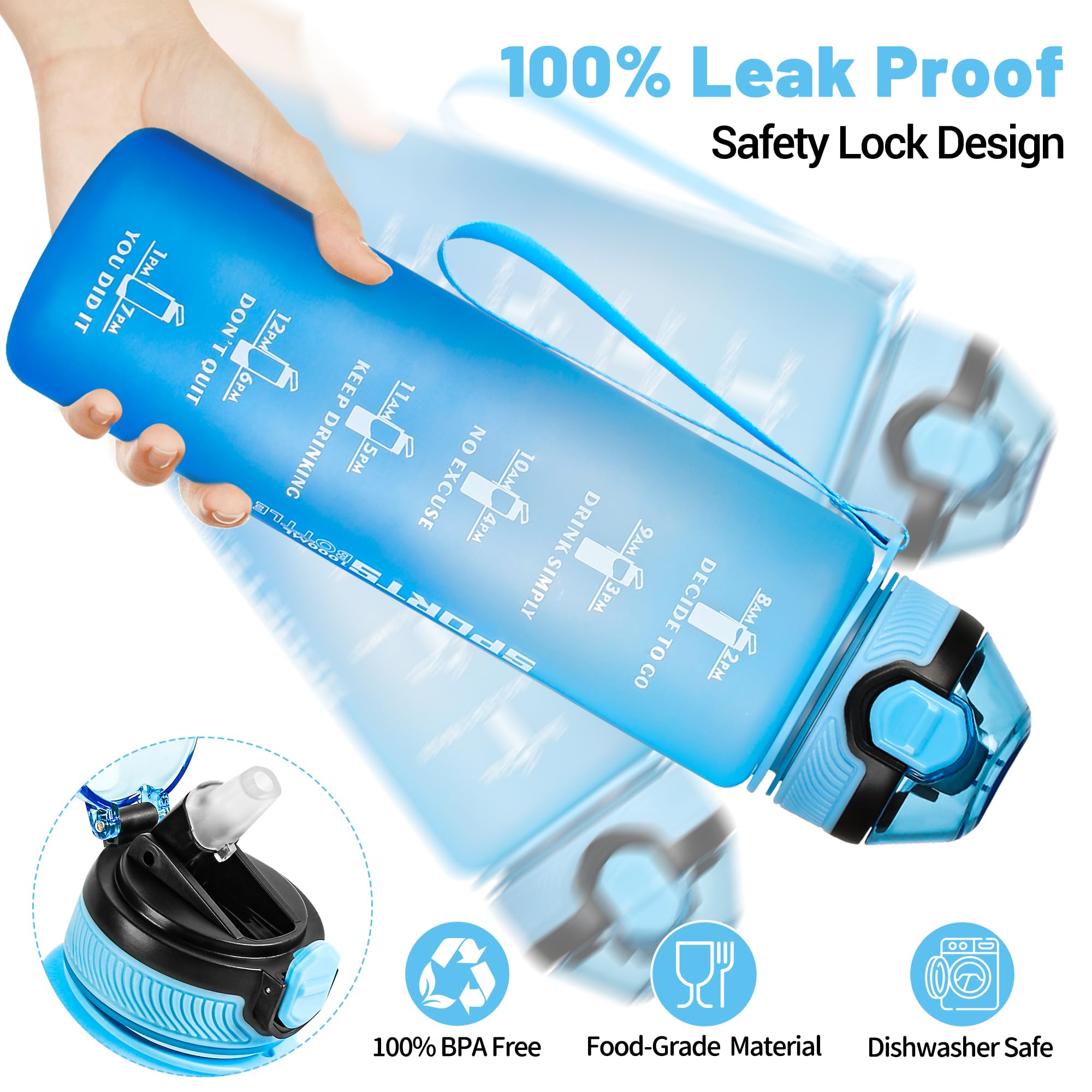 DUNSOO Borraccia 1L, Borraccia con Cannuccia con Del Tempo Motivazionale, Borraccia Sportiva, Tritan Senza BPA Bottiglia Acqua, con Spazzola per la Pulizia per Palestra, Yoga - Blu