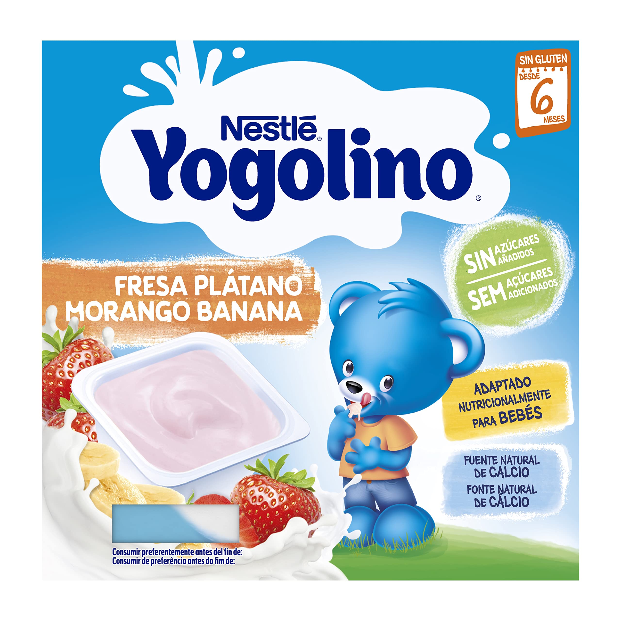 Nestlé Yogolino Fresa Plátano sin Azúcar Añadido, 8+ Meses, 4 x 100g