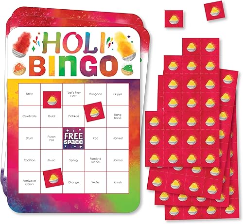 Big Dot of Happiness Holi Hai - Tarjetas de bingo y marcadores - Festival de colores en forma de fiesta juego de bingo - Juego de 18