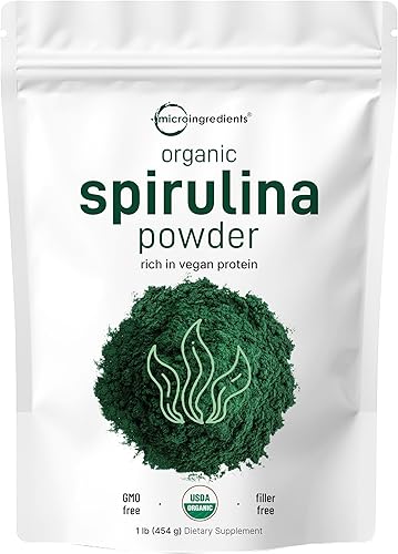 Miniatura 2 de Micro Ingredients Polvo de espirulina orgánica de 1 libra y polvo de hierba de cebada orgánica de 16 onzas, paquete de 2 unidades  Superalimentos