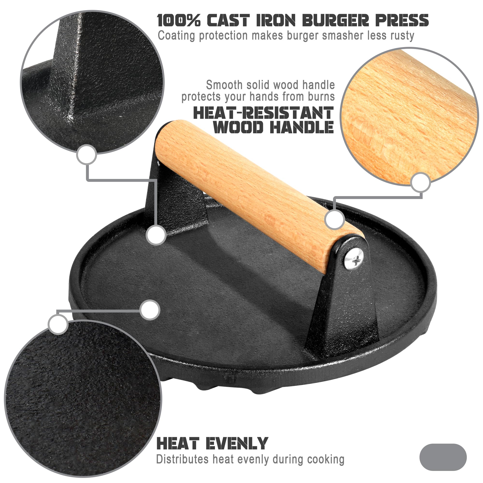 Alyoen Set di 2 pressa per hamburger in ghisa, per hamburger, con antiaderente, rotonda e rettangolare, grande 1 kg, per pressare bistecche, hamburger, pancetta, salsicce