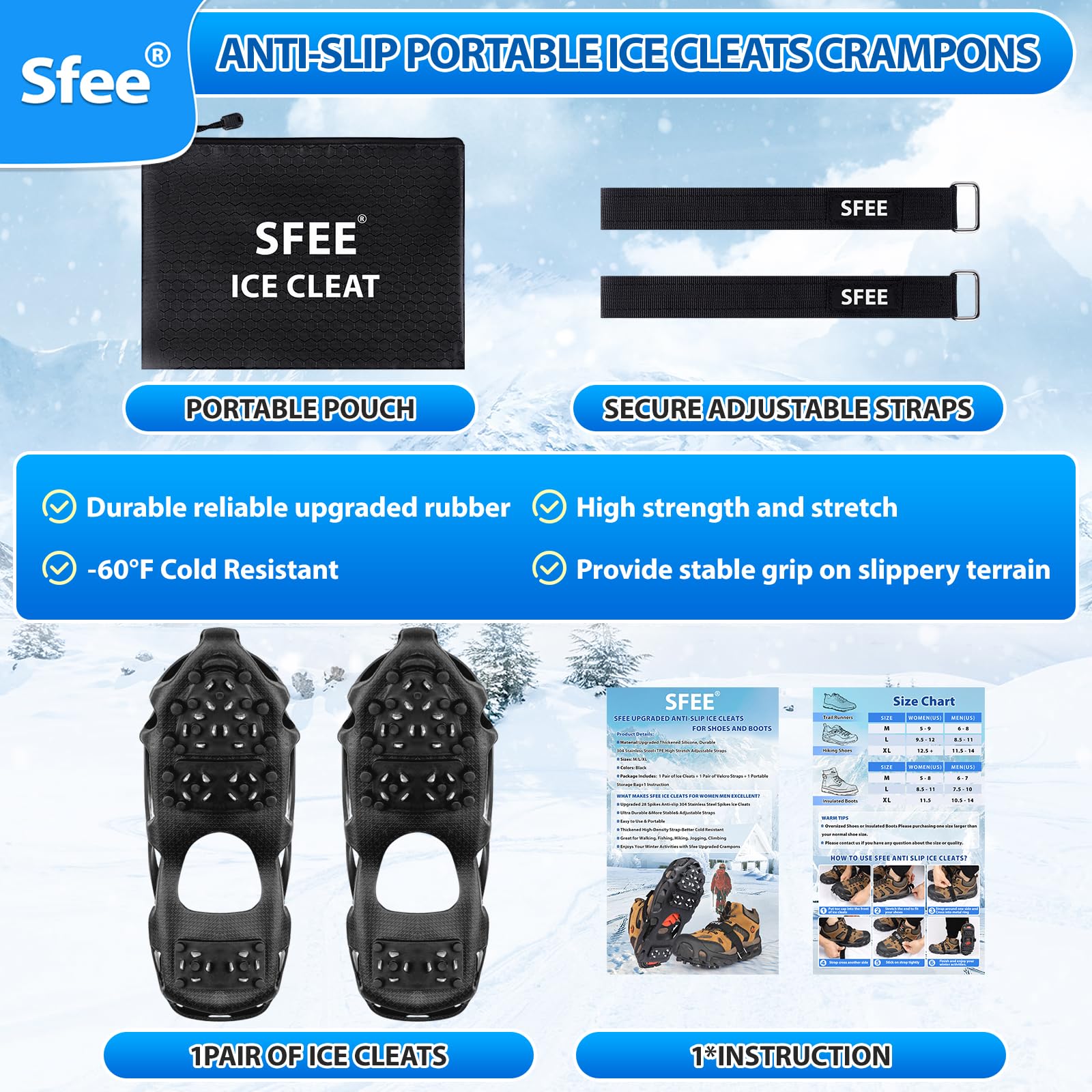 Sfee Crampons à glace pour chaussures et bottes, 28 crampons en acier ultra adhérents pour homme et femme, antidérapants, pour chaussures et bottes pour la marche, la randonnée, l'escalade, la pêche