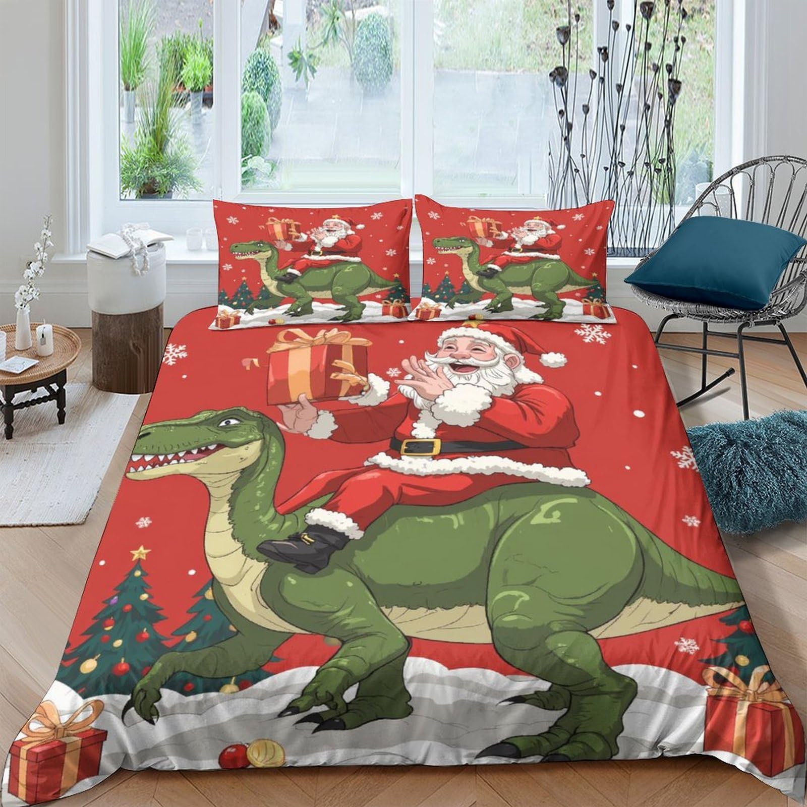 Ctjqhvkz Style-4 3D Printed Santa Riding Dinosaur Fitted Sheet Microfiber Red Christmas Bed Cover For Bedroom Dorm Decor Single（135X200cm）
