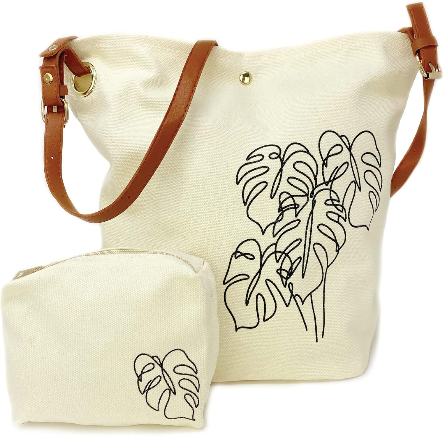 Monstera Canvas Crossbody Tote Bag & Zipper Pouch, Shoulder Tote Bag