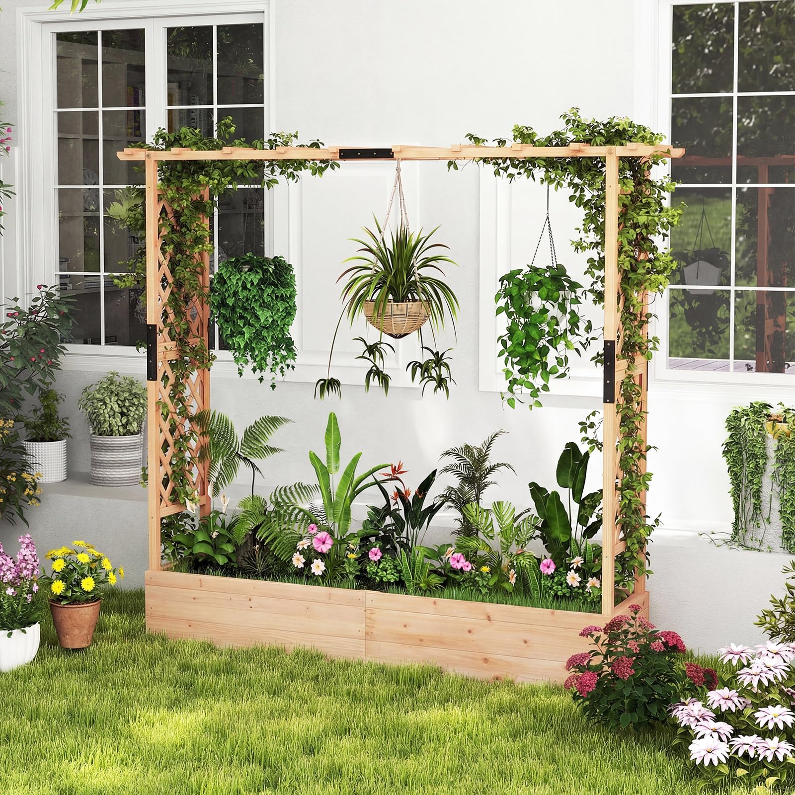 COSTWAY Blumenkasten mit Rankgitter & hängendem Dach, Pflanzkasten mit Rankhilfe, Hochbeet für Kletterpflanzen & hängende Körbe, für Garten Hof Terrasse, Pflanzkübel Holz, 196 x 44 x 182 cm (Natur)
