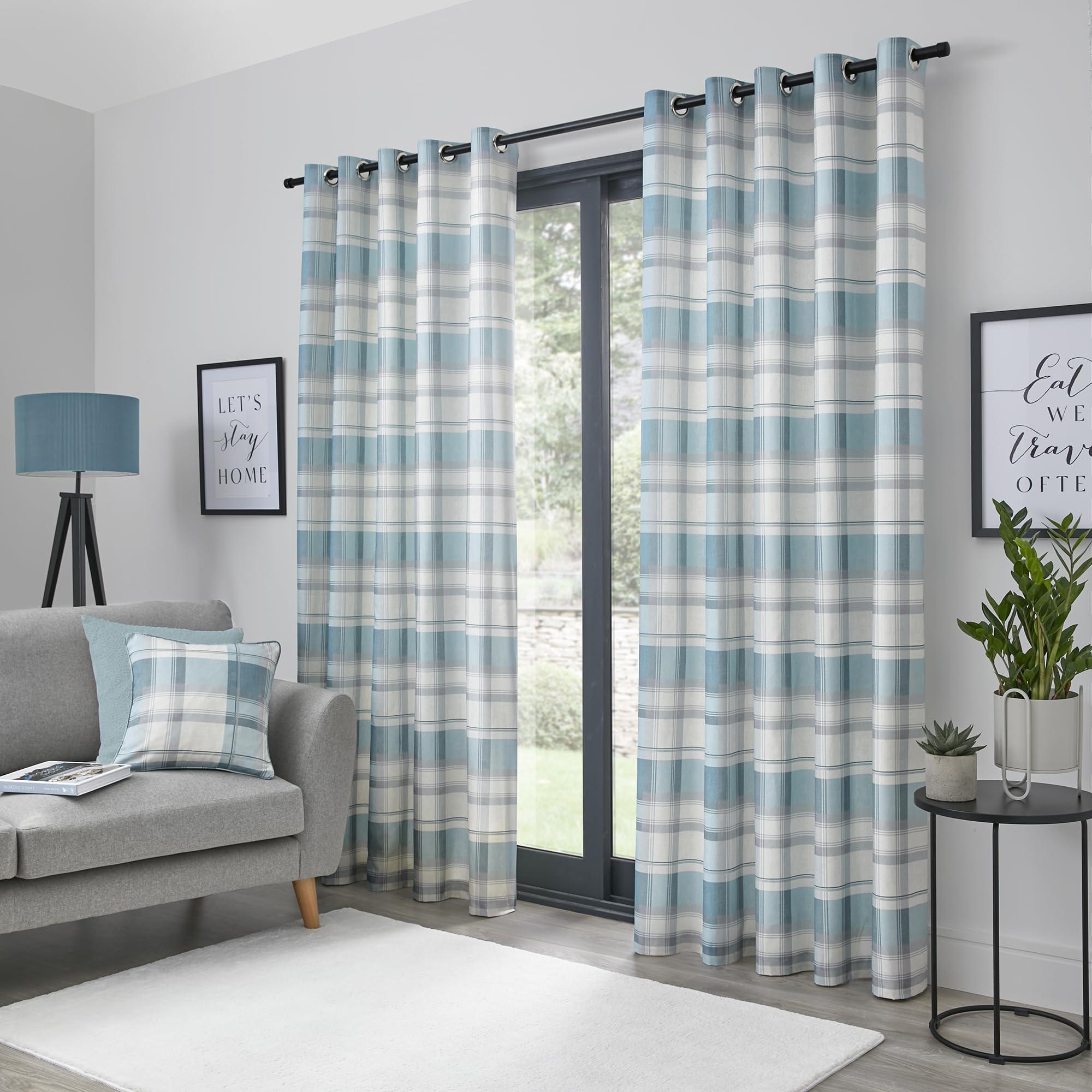 B&Q -  Balmoral Check Country Checked Pattern Pair Of Duck Egg Eyelet Curtains