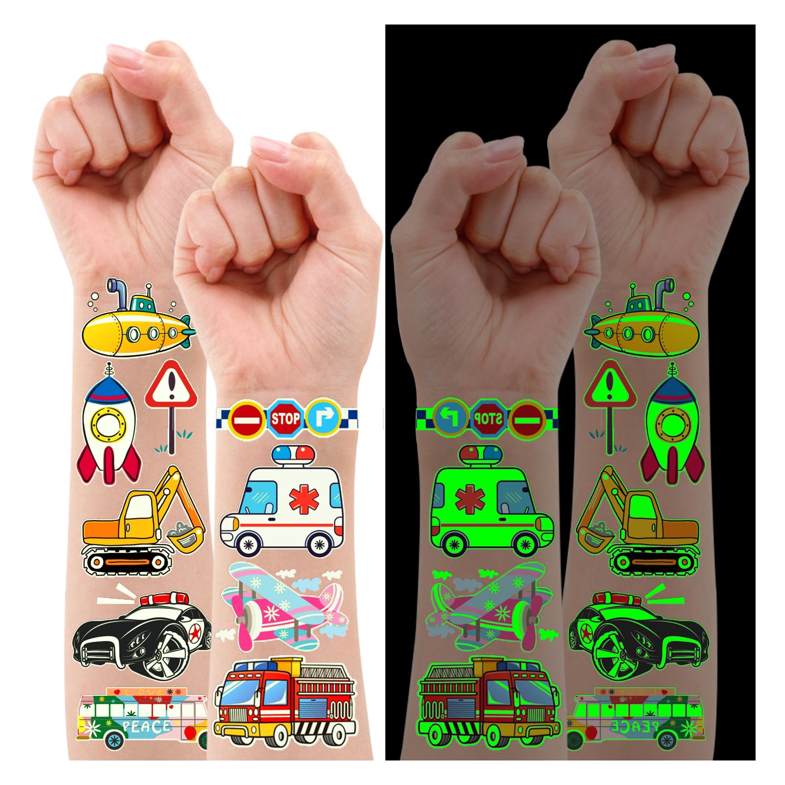 Leesgel Verkehrs Tattoos für Kinder, 10 Blatt Leuchtende Kindertattoos Sticker für Kindergeburtstag Gastgeschenke, Mitgebsel Kindergeburtstag Party Giveaways Kleine Geschenke Ostergeschenke Kinder