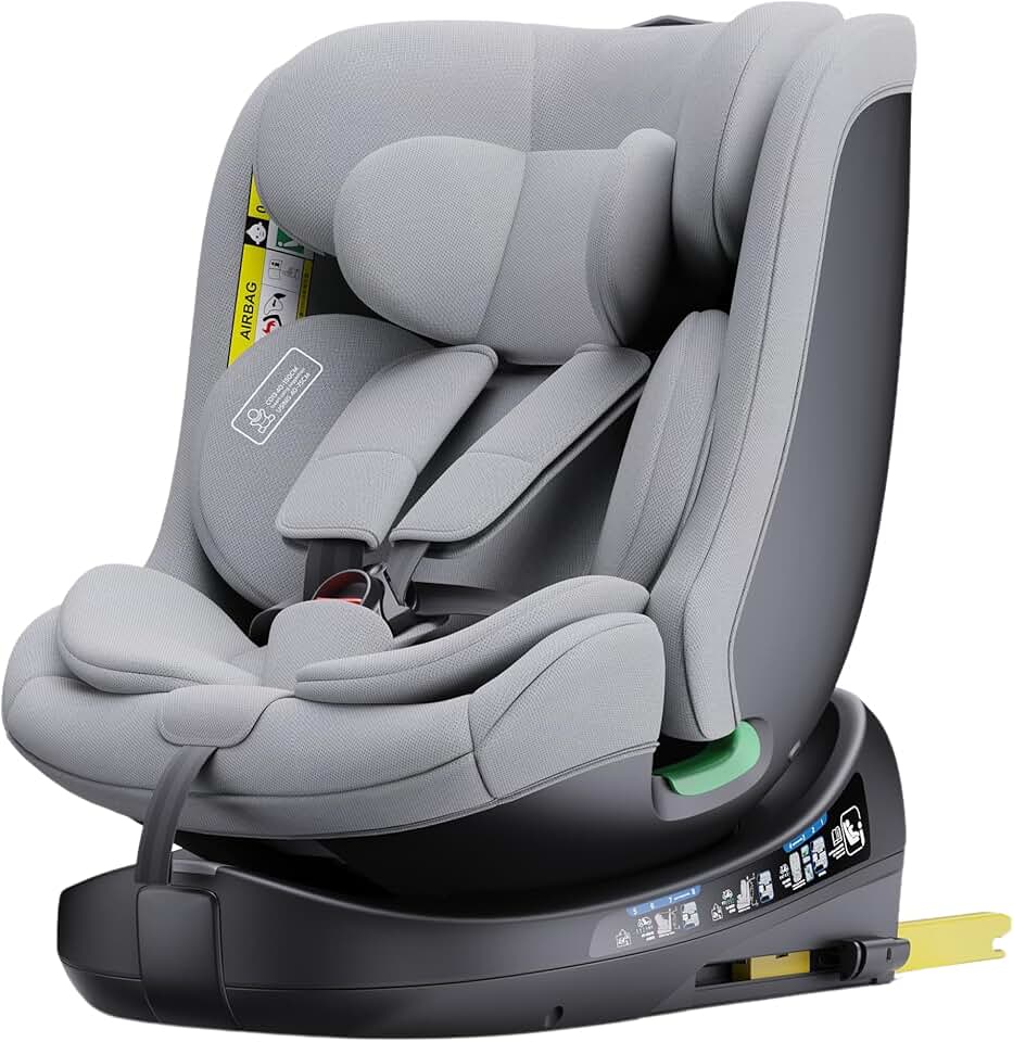 Asiento de coche para bebé, 360° giratorio de 0 a 36 kg escalable, I-SIZE 40-150 cm, desde el nacimiento y hasta 12 años aproximadamente, Grupo 0/1/2/3, Isofix, RWF, FWF, Protectores laterales (Grey)