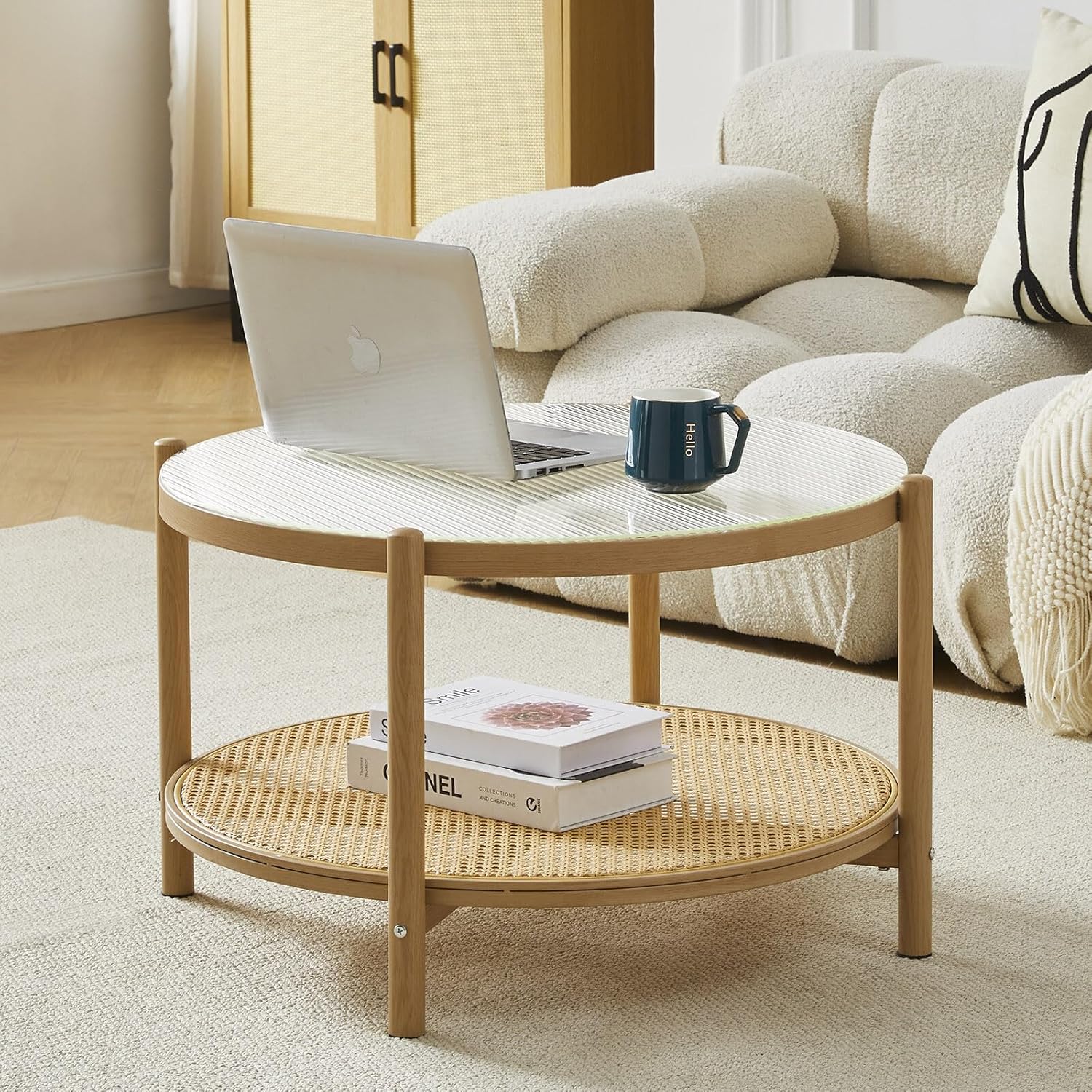 COSVALVE Contemporary Glass Coffee Table for Living Room, Tempered Glass Top & Boho Rattan Shelf for Storage, Metal Frame Sofa Side Center Table for Sitting Room Living Room