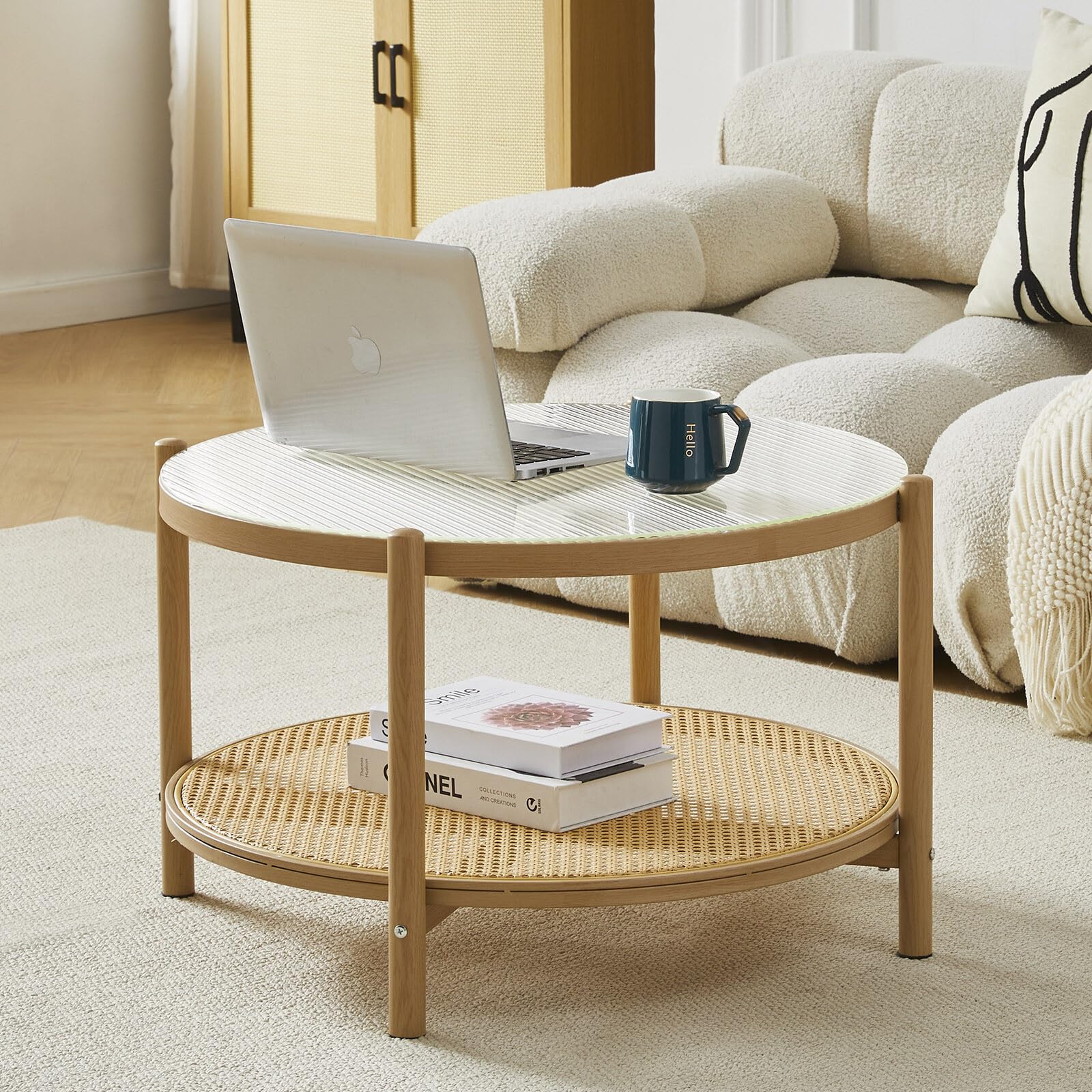 COSVALVE Contemporary Glass Coffee Table for Living Room, Tempered Glass Top & Boho Rattan Shelf for Storage, Metal Frame Sofa Side Center Table for