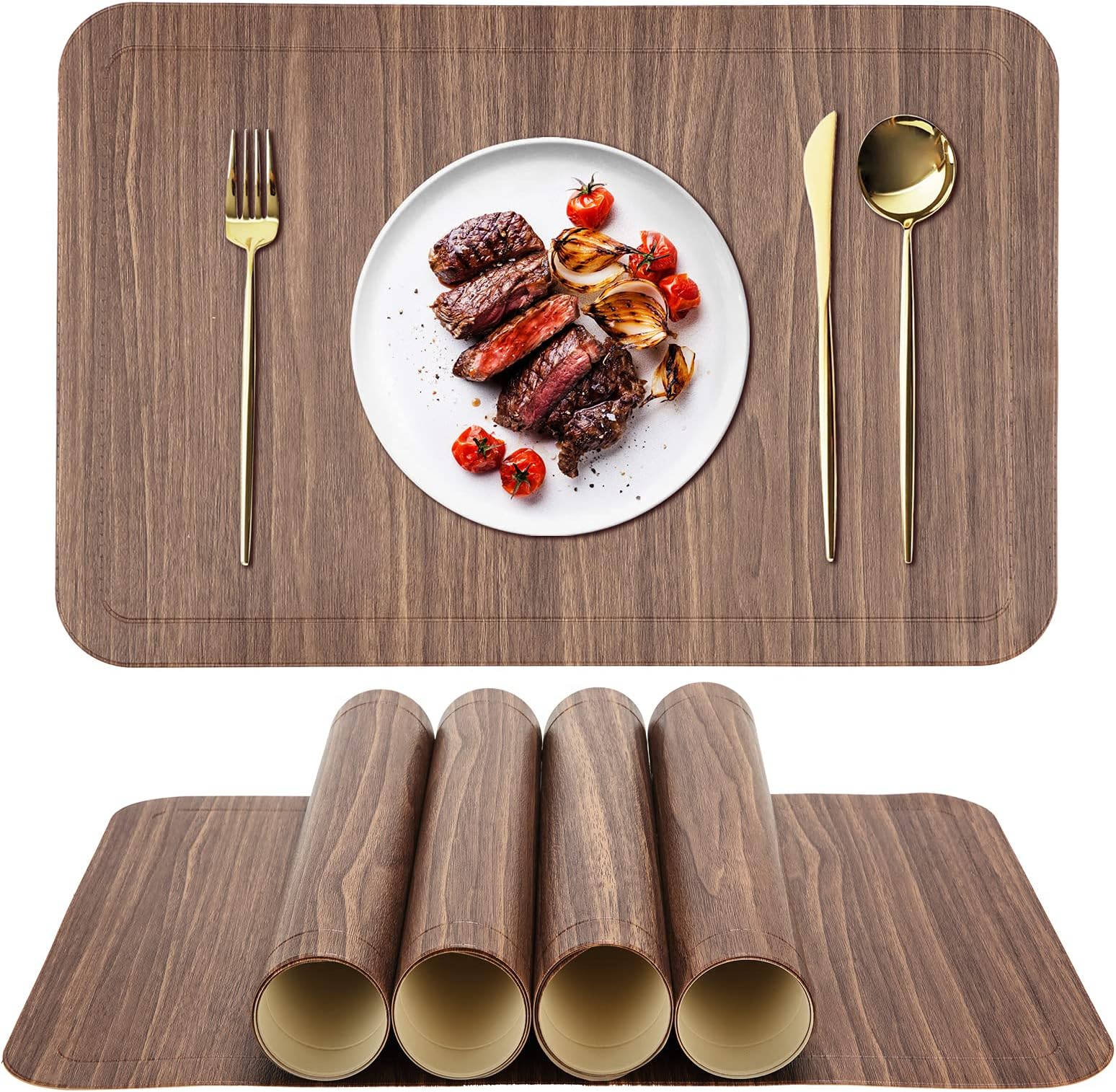 ALPIRIRAL Placemats Set of 6, Vinyl Washable Wipeable Black Place Mats, Heat Resistant Waterproof Faux Leather Table Mats, Non Slip Easy to Clean placemat for Dining Table, Outdoor Modern (Wood Brown)