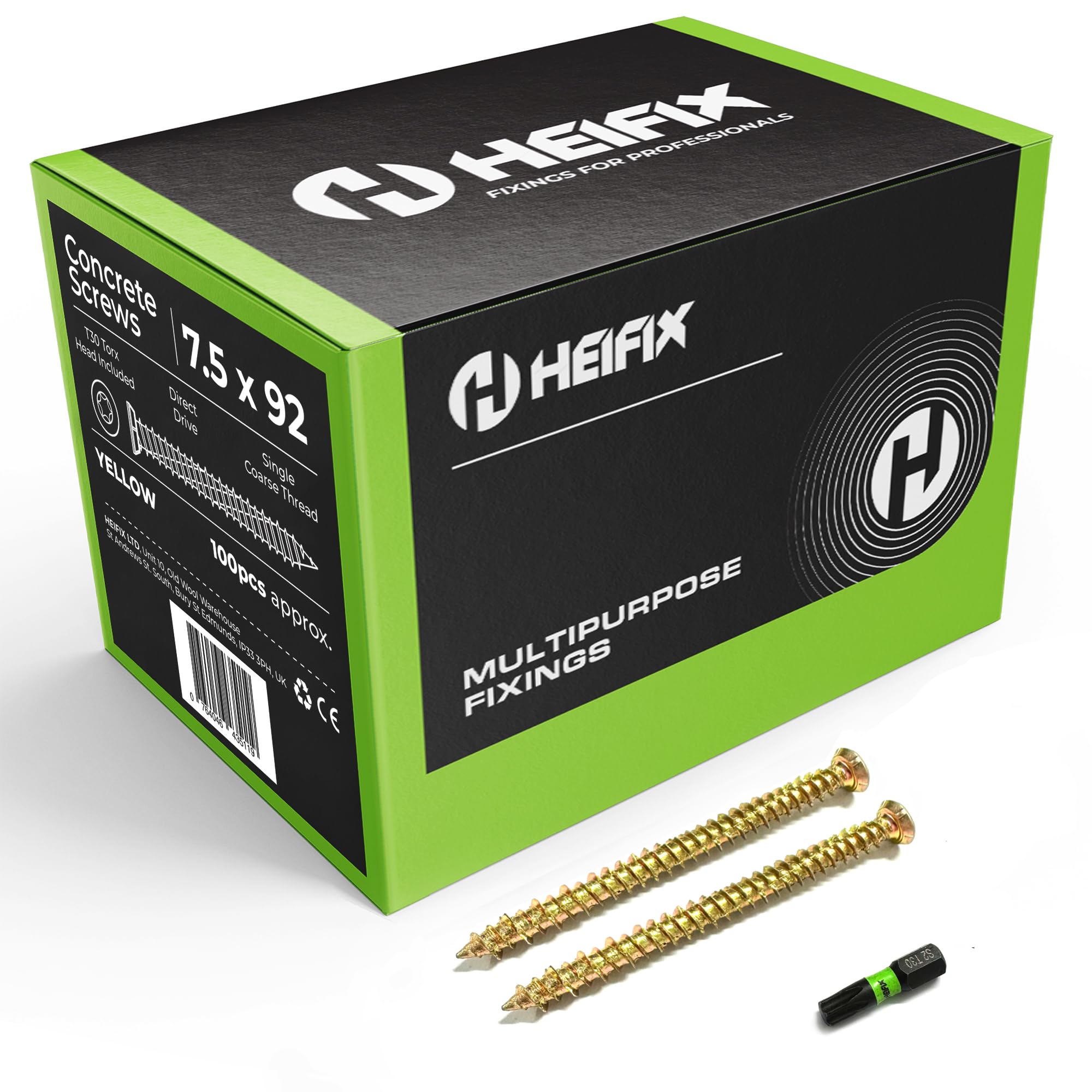 Heifix Carbon Steel Zinc-Plated Concrete Screws - FREE T30 Torx Bit Included - QTY 50, 7.5mm x 92mm - Flat Countersunk Head with Locking Ribs, Deep High/Low Thread for Maximum Hold