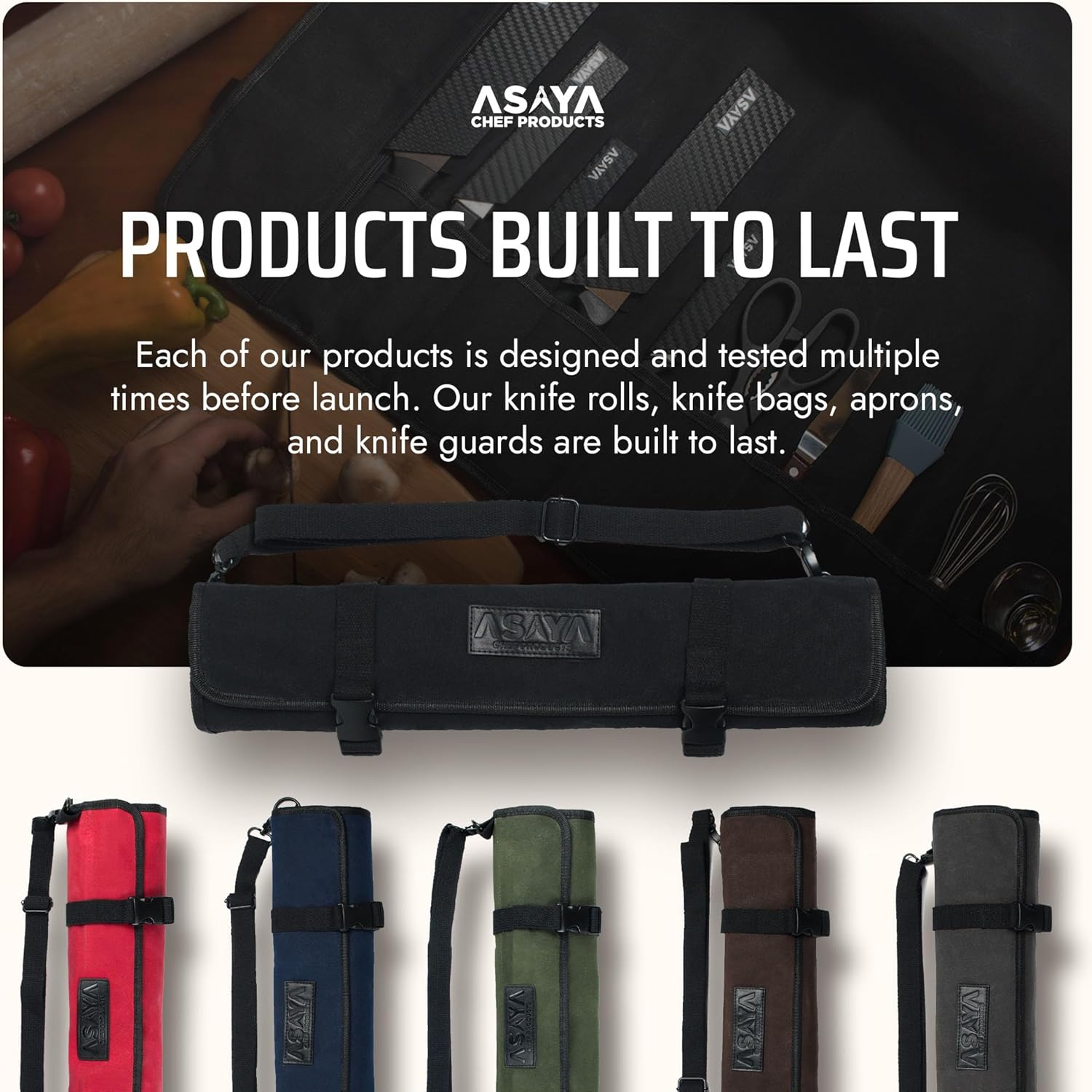 Asaya Waxed Canvas Chef Knife Roll Bag with 10 Slots and a Zipper Pocket - Professional Chef Knife Bag & Storage Case, with Shoulder Strap - Knives Not Included (Black)