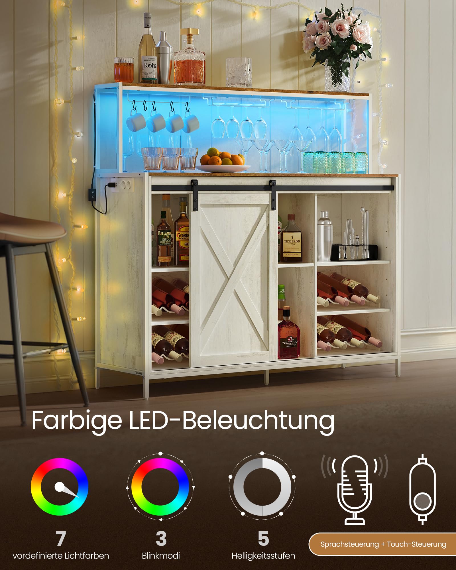 VASAGLE Barschrank, Weinschrank mit Steckdosenleiste, Sideboard mit sprachgesteuerter LED-Beleuchtung, Schiebetüren, S-Haken, Weinglashalter, Flaschenhalter, vintageweiß-honigbraun LSC201WJ02