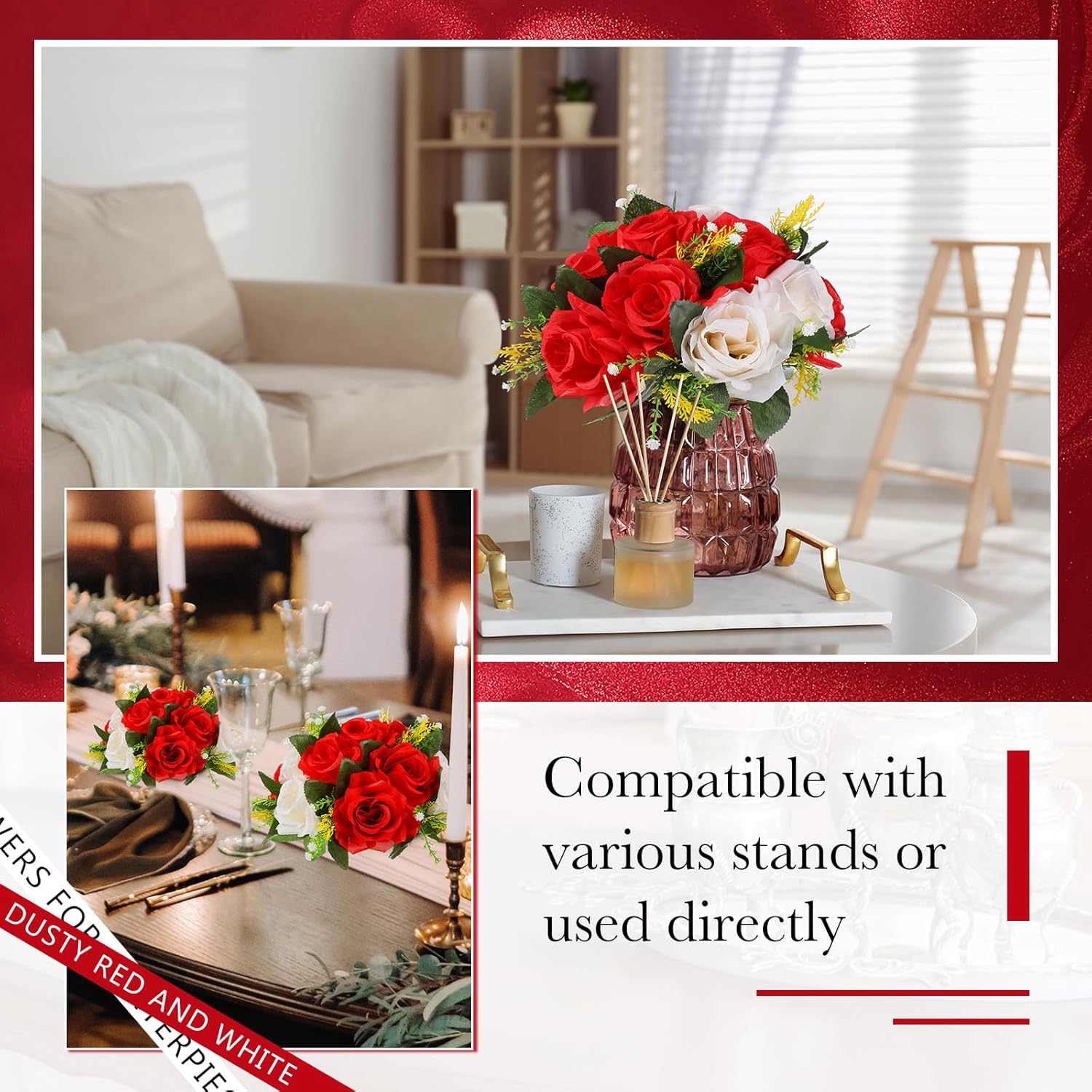 Hotop 12 Pcs Valentines Artificial Rose Flower Balls for Centerpieces, Silk Roses Kissing Balls Romantic Faux Floral Arrangements for Engagement Wedding Home Decor (Red,White) - Image 6