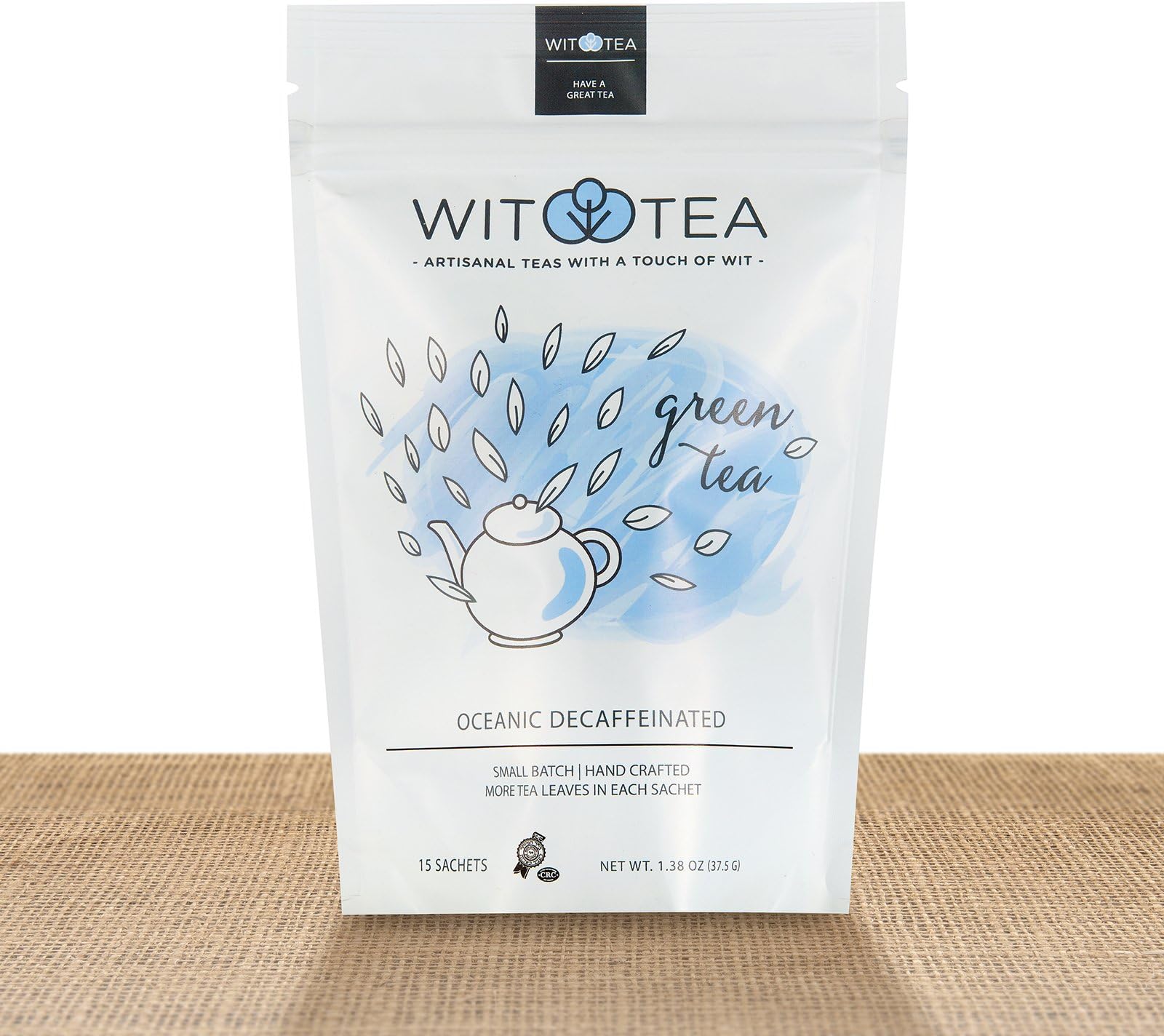 Artisanal Small Batch 15 Green Tea Bags - Oceanic Decaffeinated - Premium Unblended Green Tea Leaves in Hand Crafted Biodegradable Silk Pyramid Sachets - 15 tea sachets - by WitTea