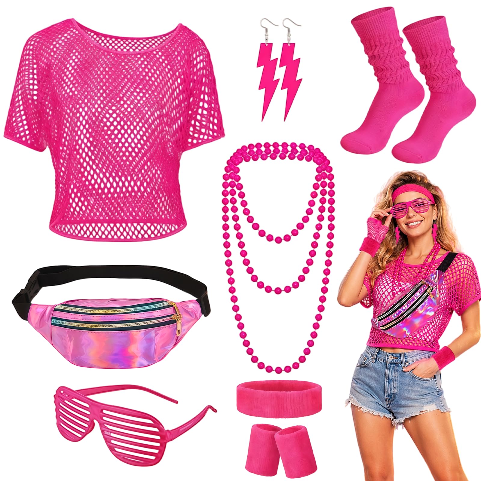 80er Jahre Accessoires Damen 90er Set, mit Oberteil, Gürteltasche, Socken, Haarband, Halskette, Ohrringe, Brille, 80er 90er Jahre Accessoires Outfit Damen 80s für Karneval Neon Party