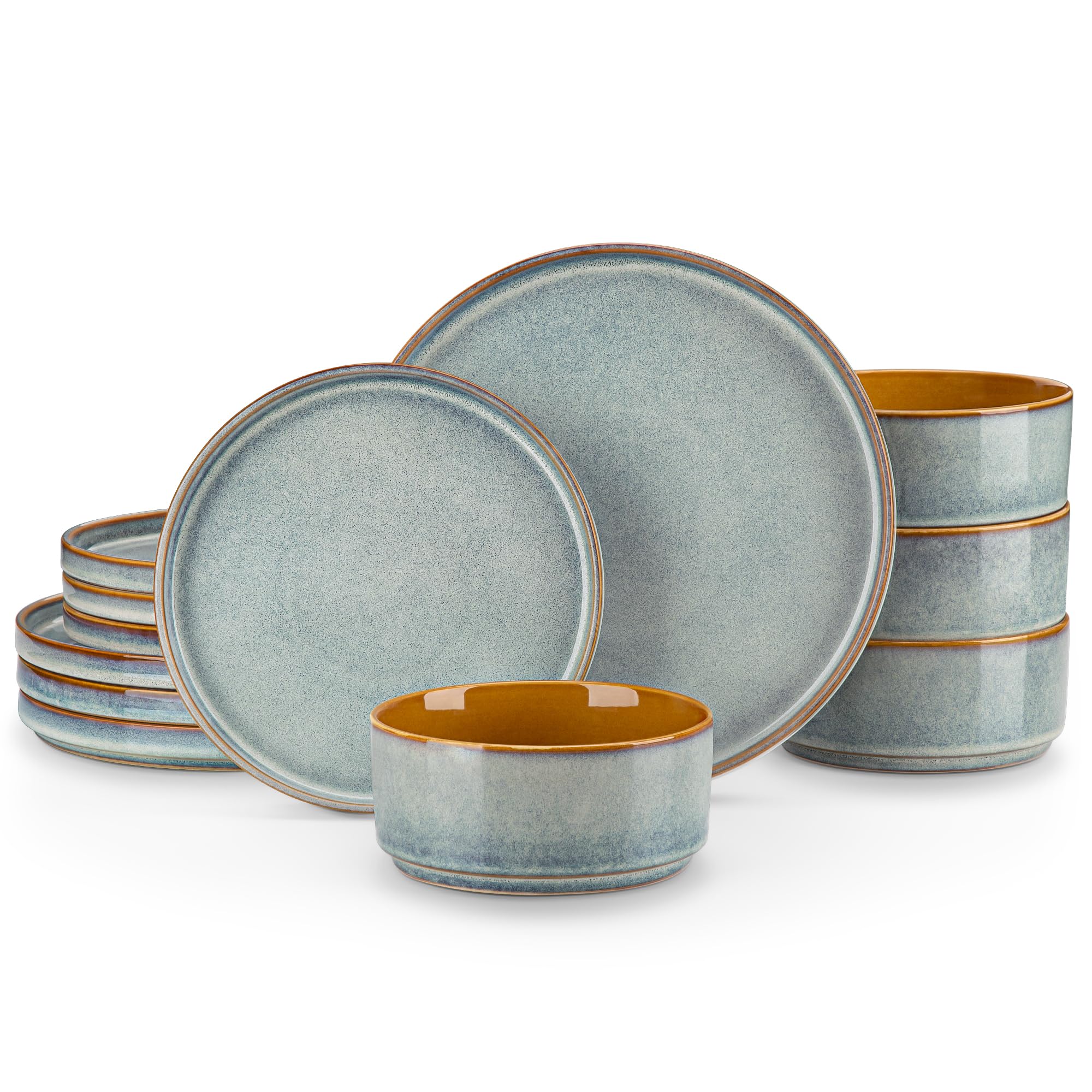 vancasso ONION Ceramic Plates and Bowls Sets, 12 Pieces Light Blue Dinnerware Sets for Kitchen, Reactive Glaze Dishes Set for 4, Dishwasher and Microwave Safe