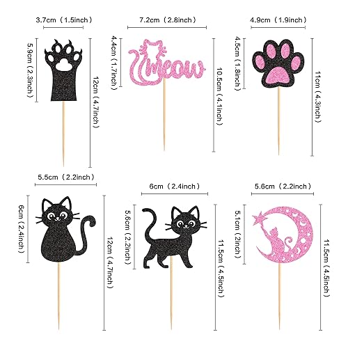 Miniatura 2 de Ercadio Paquete de 24 adornos para magdalenas de gatos, color negro y rosa, para magdalenas, gatitos, gatos, pasteles, para gatos, para cumpleaños,