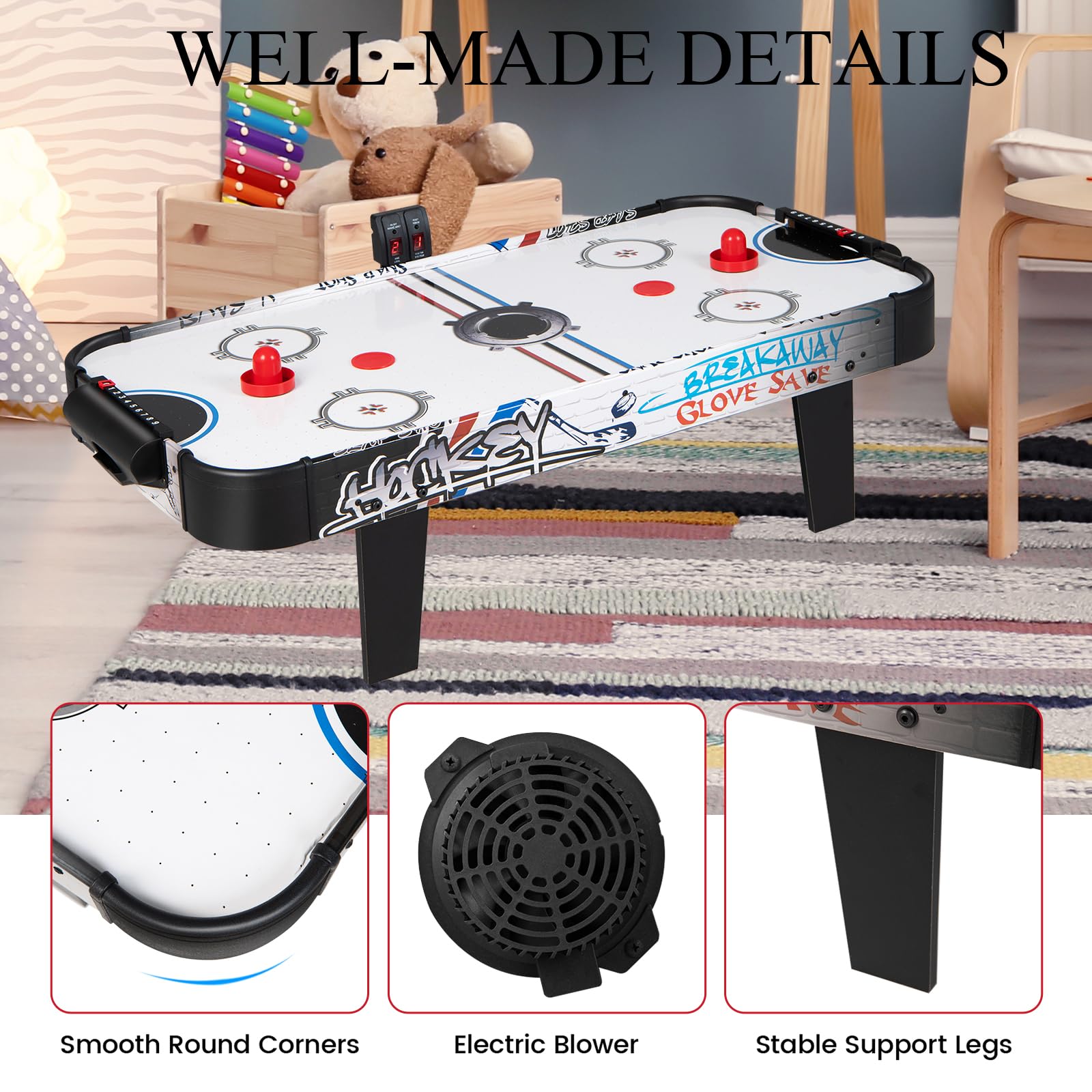 HOMASIS Mini Mesa de de Juego para Airhockey, Mesa de Hockey de Aire con Marcador LED electrónico, Juguete Juego con 2 Discos, 2 Asas y 2 dianas para niños y Adultos, 107x56x30cm, Negro