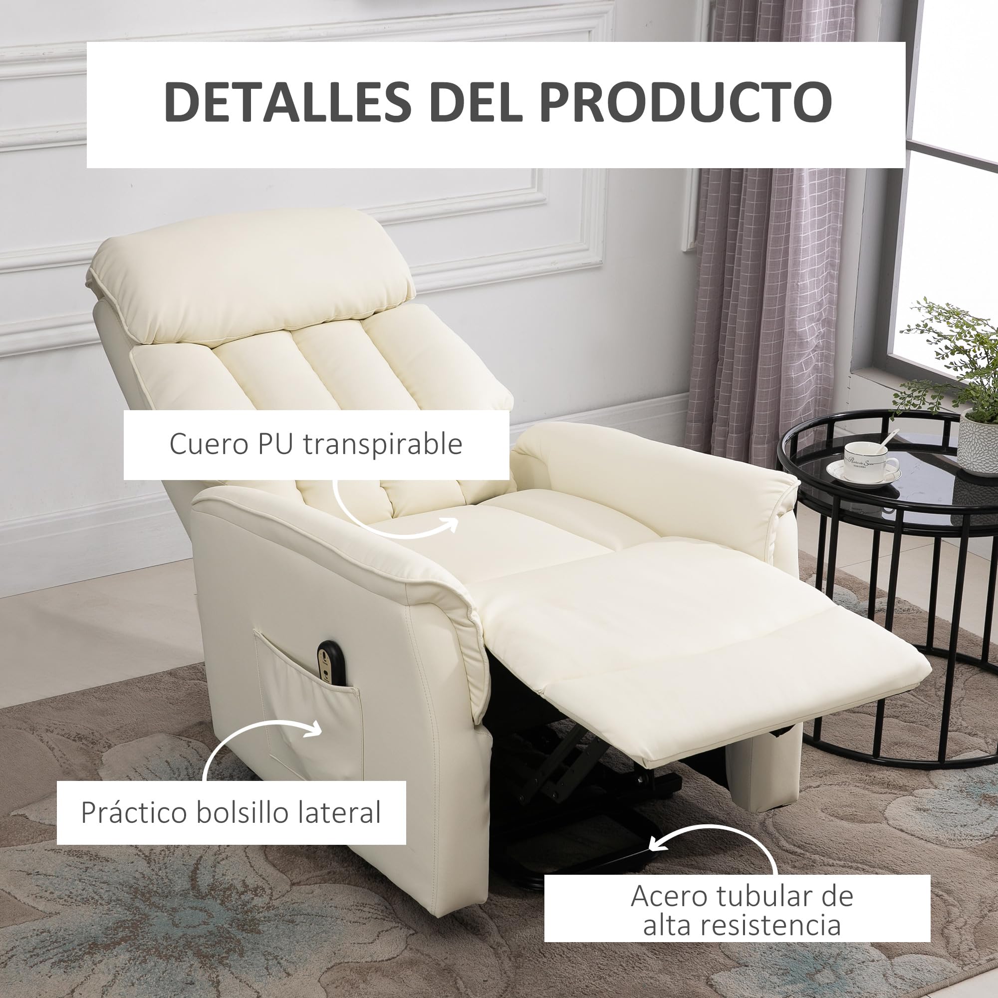 HOMCOM Sillón Levanta Personas Sillón Relax Elevador con Reposapiés Crema | Mando a Distancia, Reclinación Eléctrica, Bolsillo Lateral, Carga 150 kg, 80x94x104 cm