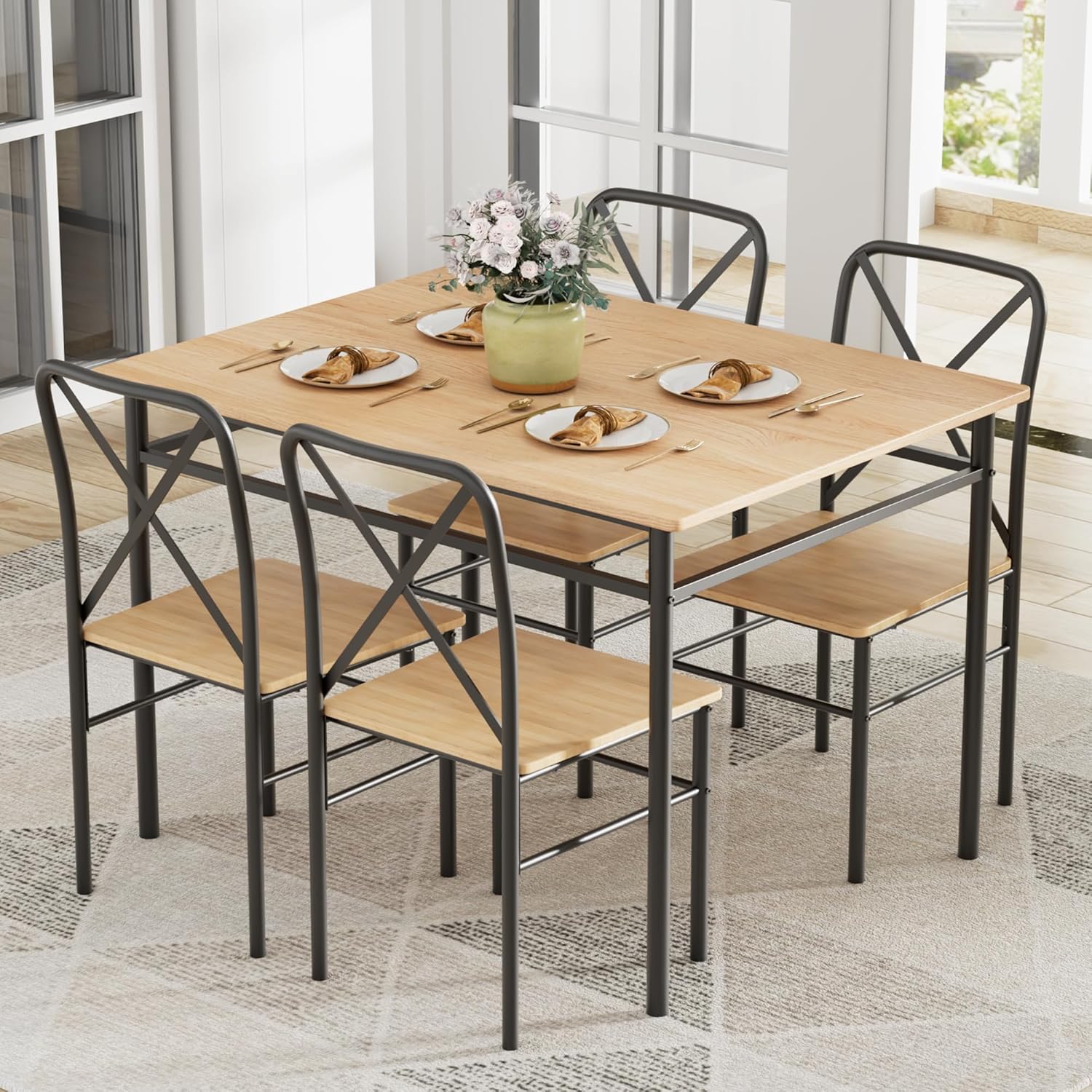 VECELO 5-Piece Kitchen Dining Table Set, Wood Tabletop & Heavy-Duty Metel Frame, Rectangle Dinette with 4 Chairs for Small Space, Breakfast Nook, Natural & Black Natural & Black 43.3“
