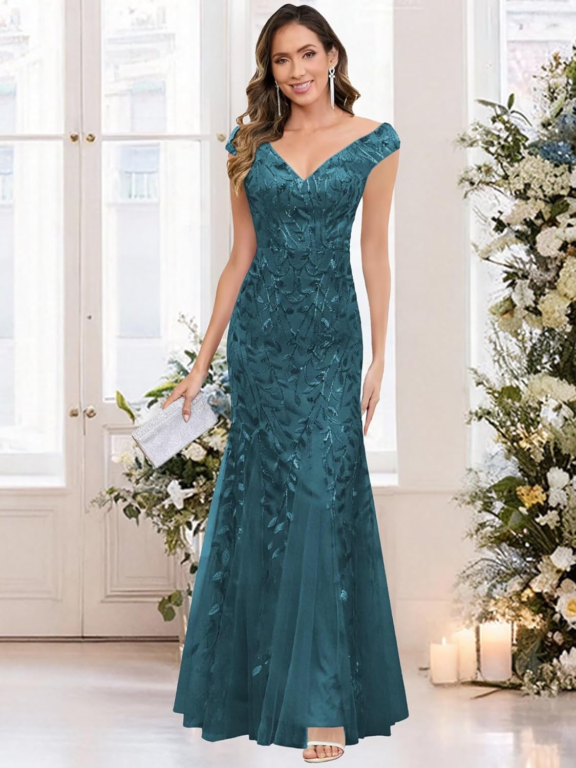 Sequins Off Shoulder Mother of The Bride Dress Mermaid Lace Appliques Tulle V Neck Formal Evening Gowns HA05