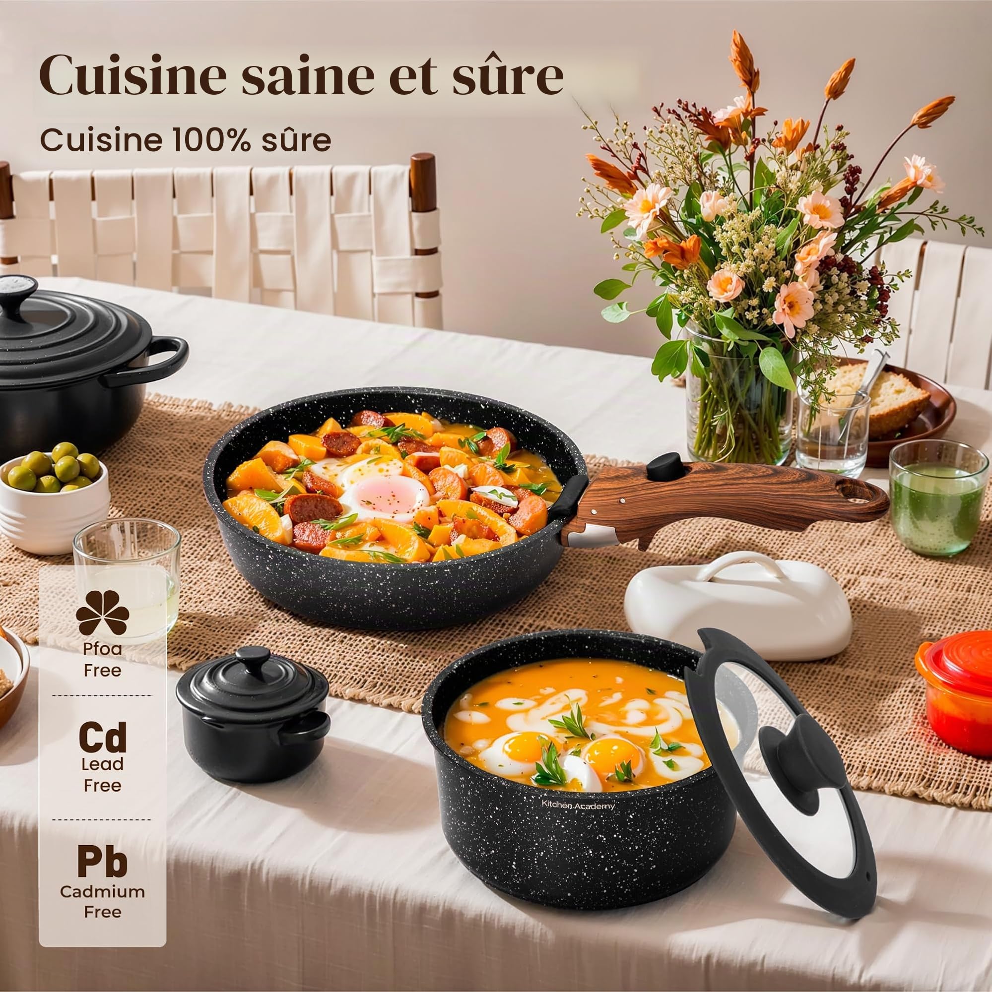 Kitchen Academy Set de Cuisine 10 PCS, Poêles Casseroles à Poignée Amovible | Batterie de Cuisine Tout Feux, Revêtement Antiadhésif en Granit Empilables Convient aux Camping-Cars et au Camping