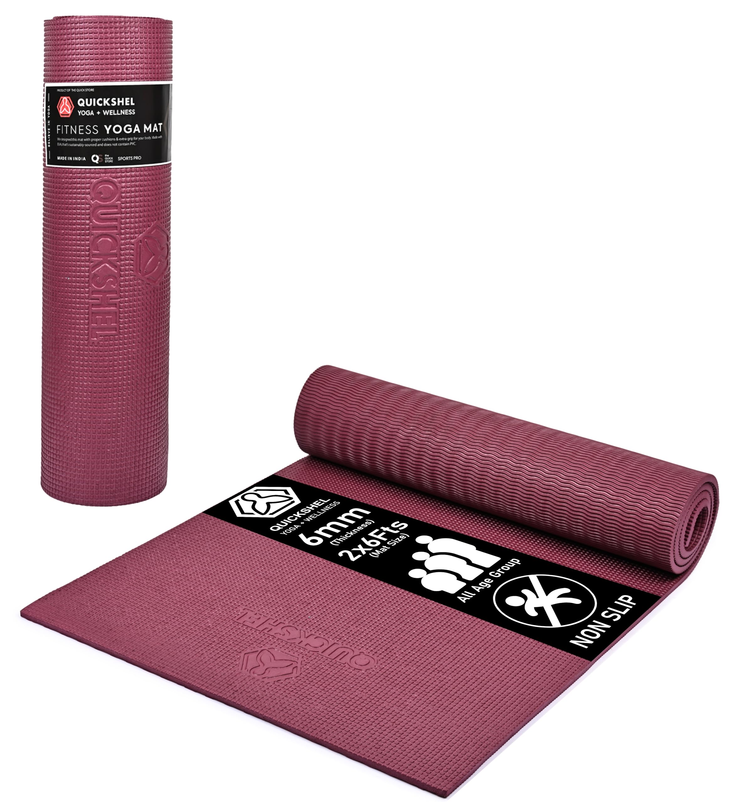 QUICK SHEL Yoga Mat - 4mm Thick, Anti-Skid, Water/Dirt Proof, Lightweight Exercise Mat for Men, Women & Kids | Textured Surface | Material - EVA | 2x6ft Size (Wine)