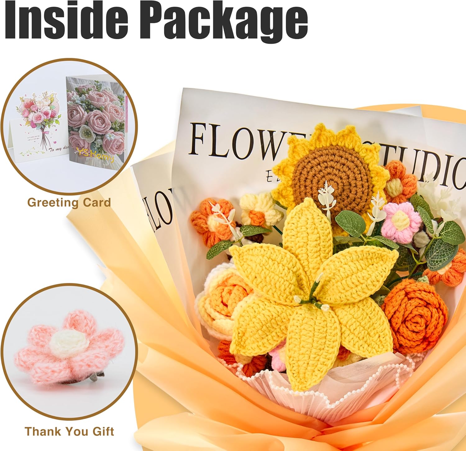 YSHomy Crochet Flowers,Crochet Flower Bouquet with 14 Crochet Flowers, Sunflowers, Roses,Lily Yellow Bouquet for Birthday,Graduation,Valentine's Day,Get Well Gifts (Include Cards) - Image 4