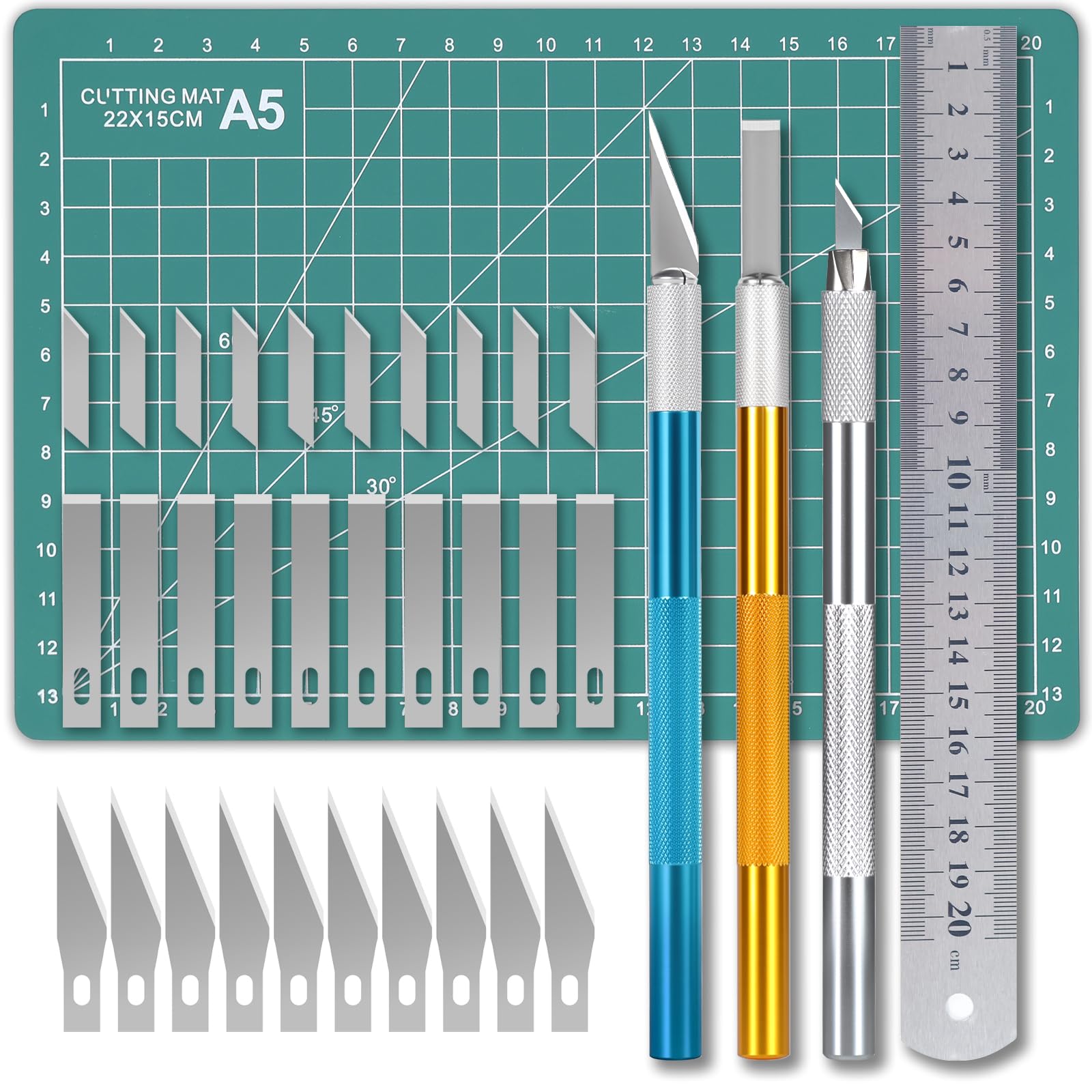 Precision Scalpel Set - 3 Knives with 30 Blades, A5 Mat and Steel Ruler, Ideal for DIY, Model Making, Paper and Crafts