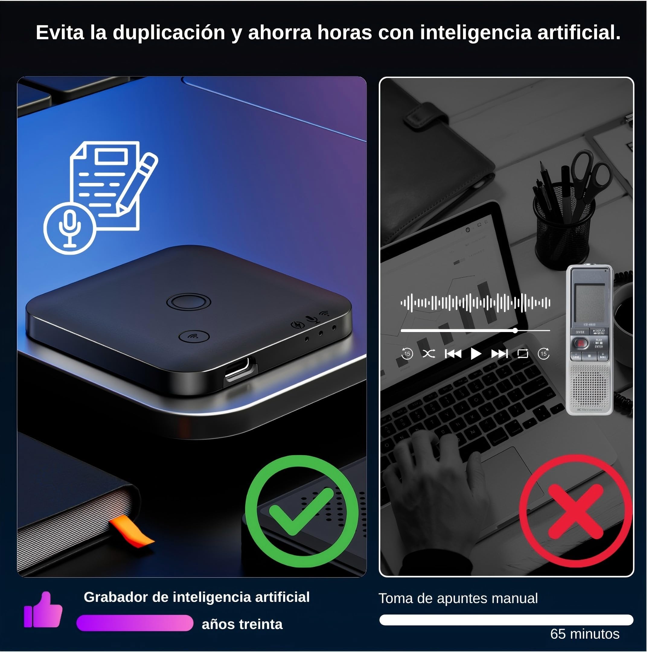 Mini Grabadora de Voz con IA y Transcripción: 6 mm de Grosor, Transcribir y Resumir, Grabadora de Audio Magnética para Smartphone, Reuniones, Clases, Entrevistas