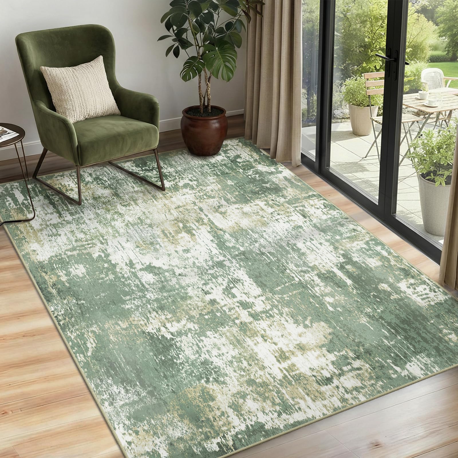 INOVADAY Washable Rugs Living Room 90x150 cm Modern Abstract Rug with Soft Low Pile Vacuum Friendly Non Slip Backing Minimalist Carpet for Lounge Bedroom Dining Room Home Office Green Yellow โ image 1