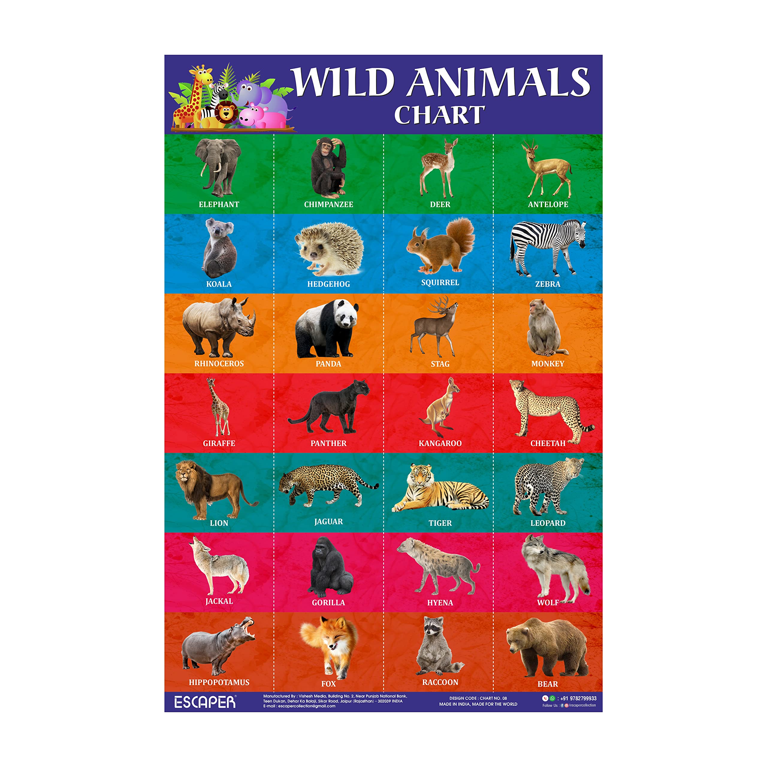 ESCAPER Wild Animals Chart for Kids learning (11.5 x 17.5 inches) | Bill Wall Charts wild animals | Cut and paste picture of animals | Kids Animals Charts