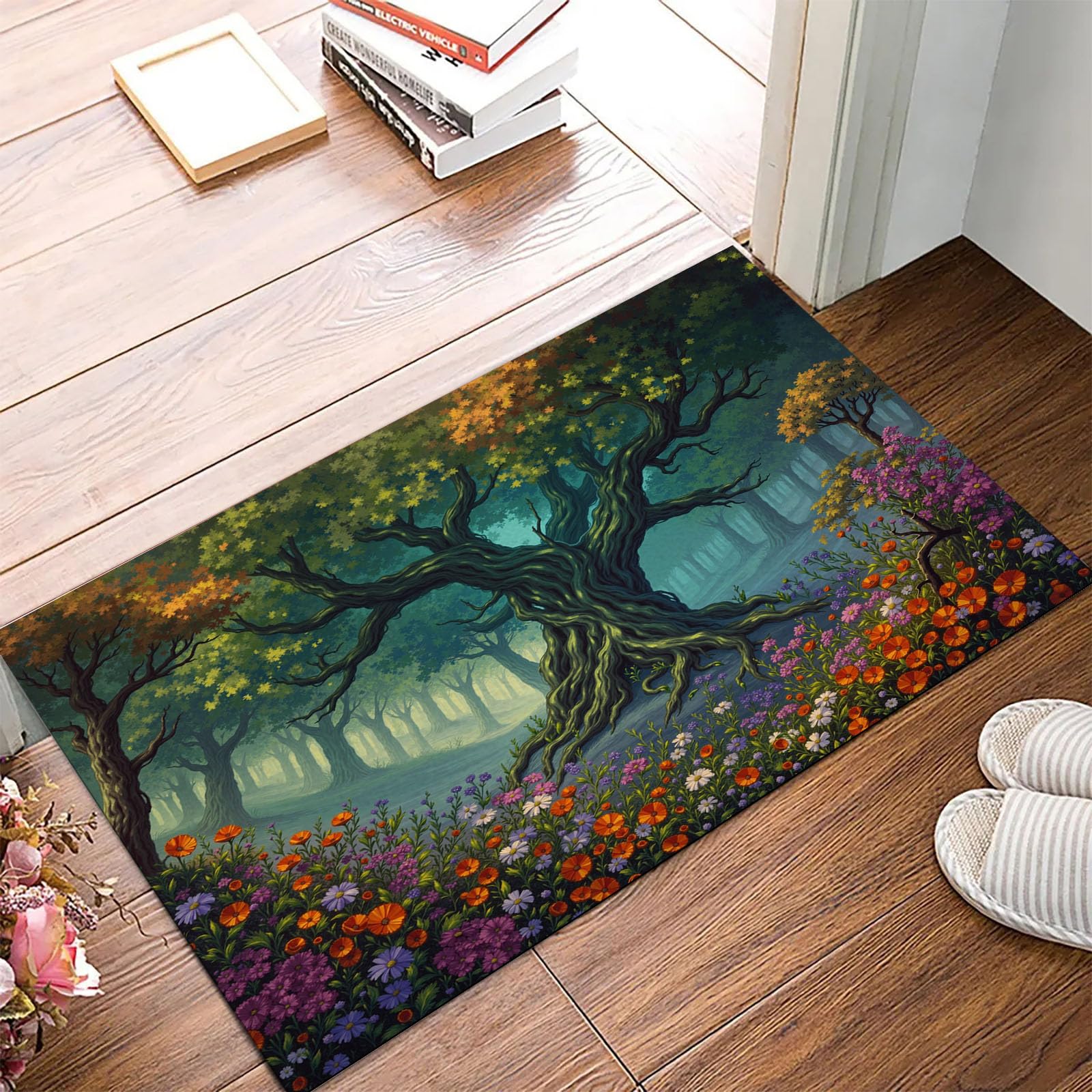 Paillasson 90x150cm Arbre Mystérieux et Vert Forêt pour Entrée