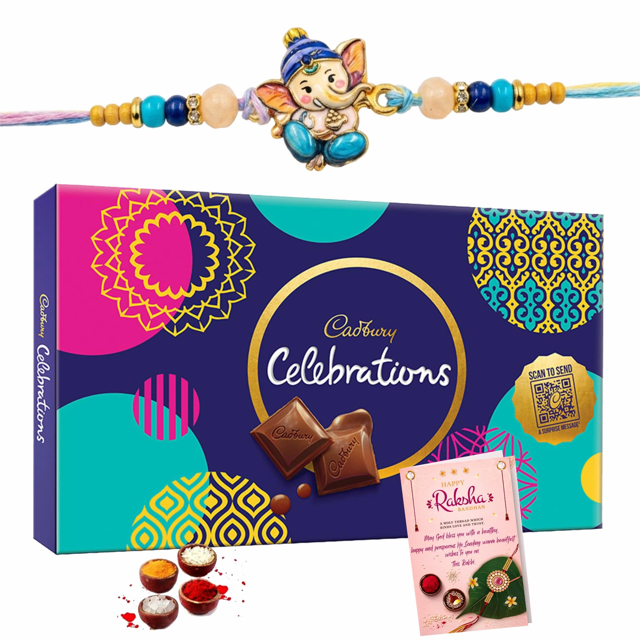 Ganesh Ji Rakhi with Chocolate Gift Box for Kids Boy,Girl,Teenager,Toddler,Baby,Nephew or Younger/Little/Small Brother with Tika Set-Super Cute n Sweet Combo of Kids Fav Rakhi n Chocolate Hamper Box