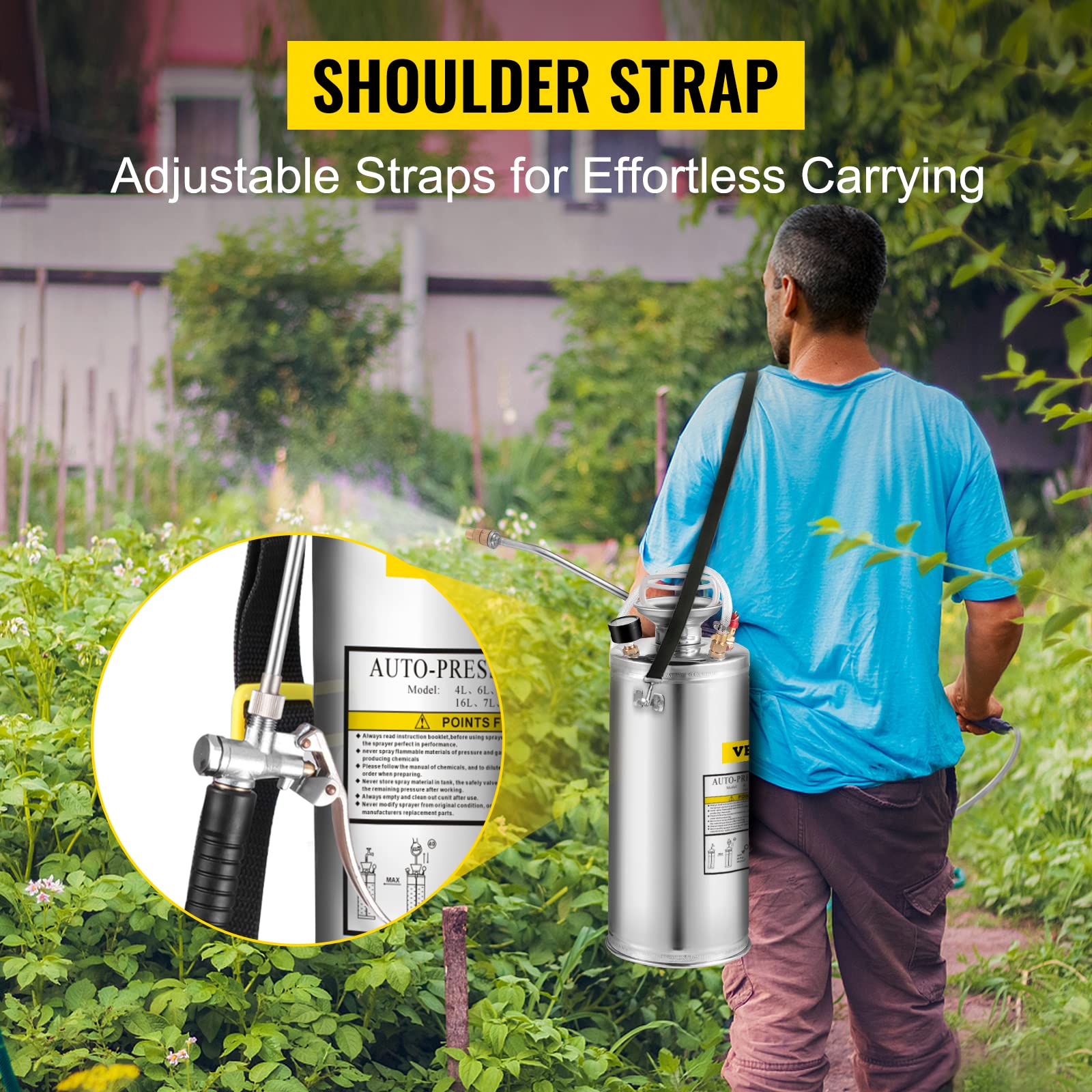 Happybuy 2Gal Stainless Steel Sprayer, Set with 20" Wand& Handle& 3FT Reinforced Hose, Hand Pump Sprayer with Pressure Gauge&Safety Valve, Adjustable Nozzle Suitable for Gardening and Sanitizing
