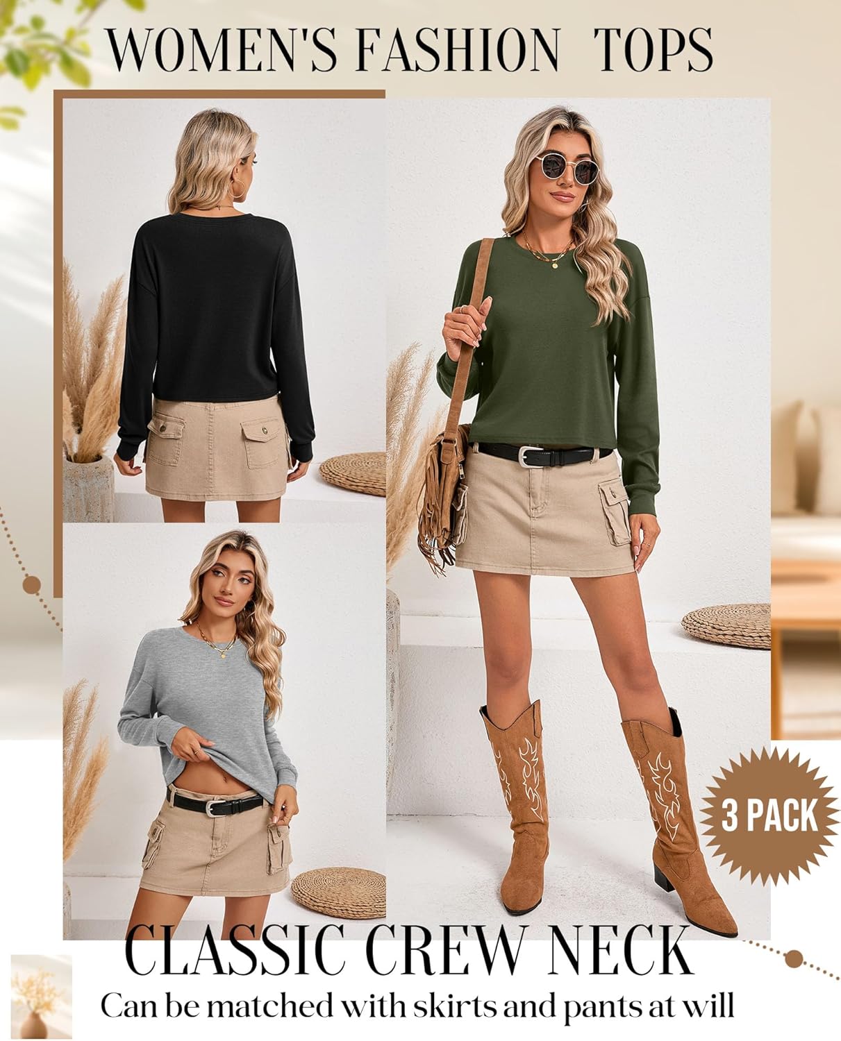 Ficerd 3 Pack Cotton Cropped Long Sleeve Tops for Women Loose Fit Crew Neck Drop Shoulder Crop T Shirts Basic Tee - Image 6