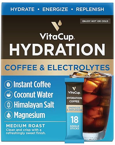 VitaCup Paquetes de café hidratante el primer café que te hidrata con electrolitos agua de coco sal rosa del Himalaya magnesio tostado medio café