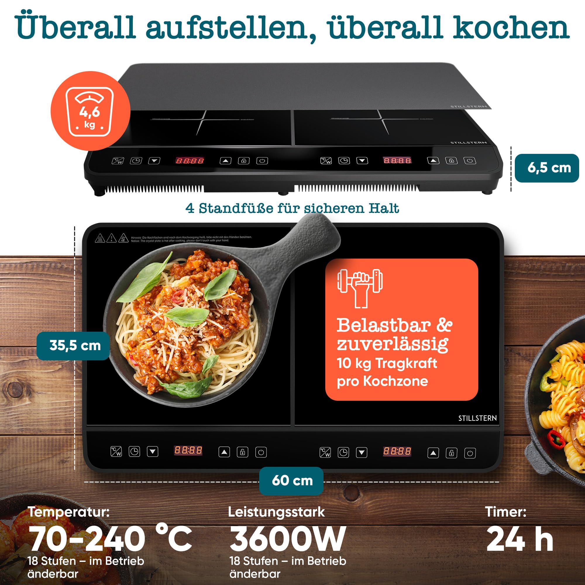 Stillstern Doppel-Induktionskochfeld | Induktionskochplatte [3600W] 2 Platten Herdplatte mit Lautlos-Funk. & Turbo-Boost, 12-28cm, 18 Temp. & Leistungsstufen, 24h Timer, Induktionsherd 2er Kochplatte