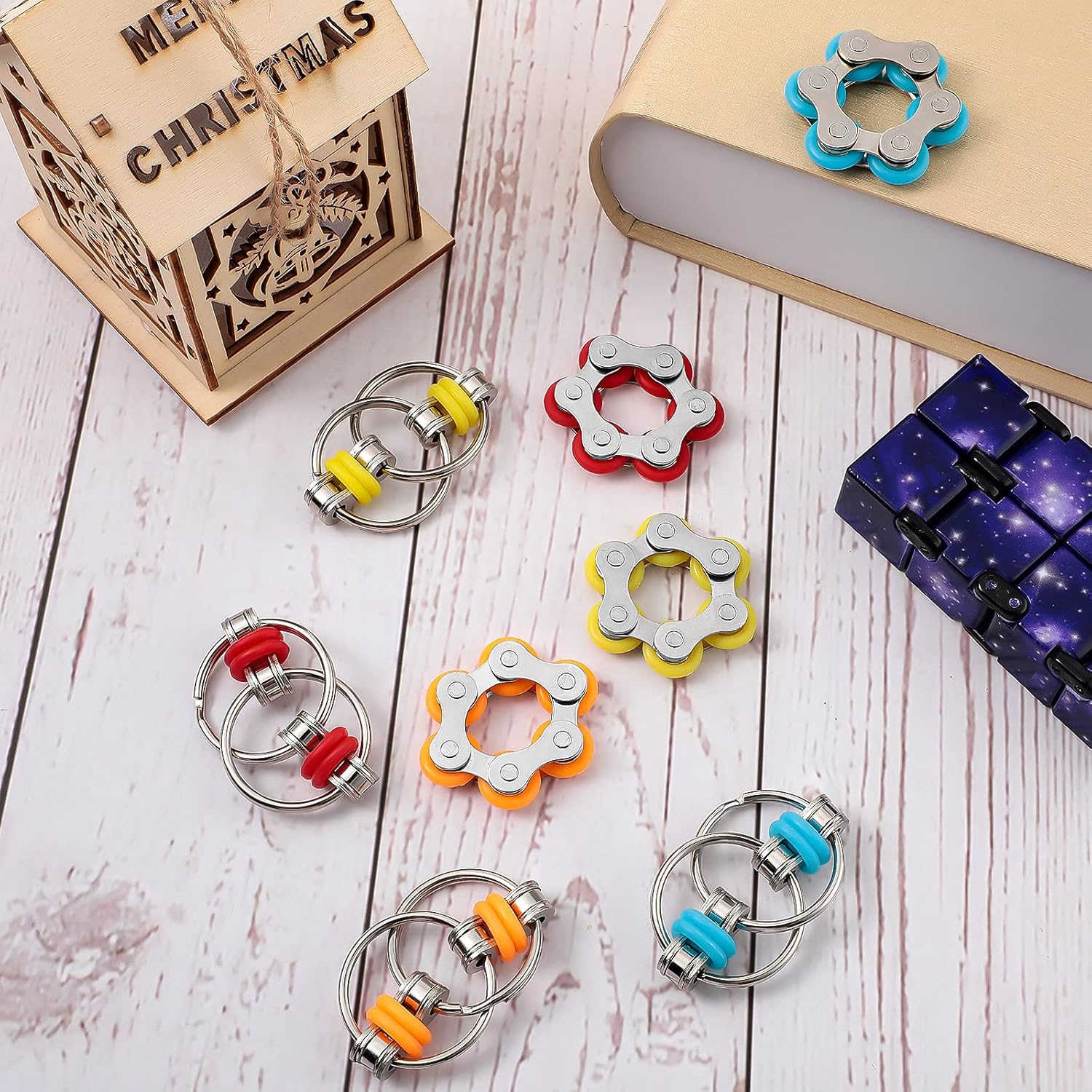 Hicarer 8 Pieces Fidget Toys Set Includes 4 Flippy Roller Chain and 4 Six Roller Bike Chain Toys Gifts for Adults in Learning Help(Red, Sky Blue, Yellow, Orange)