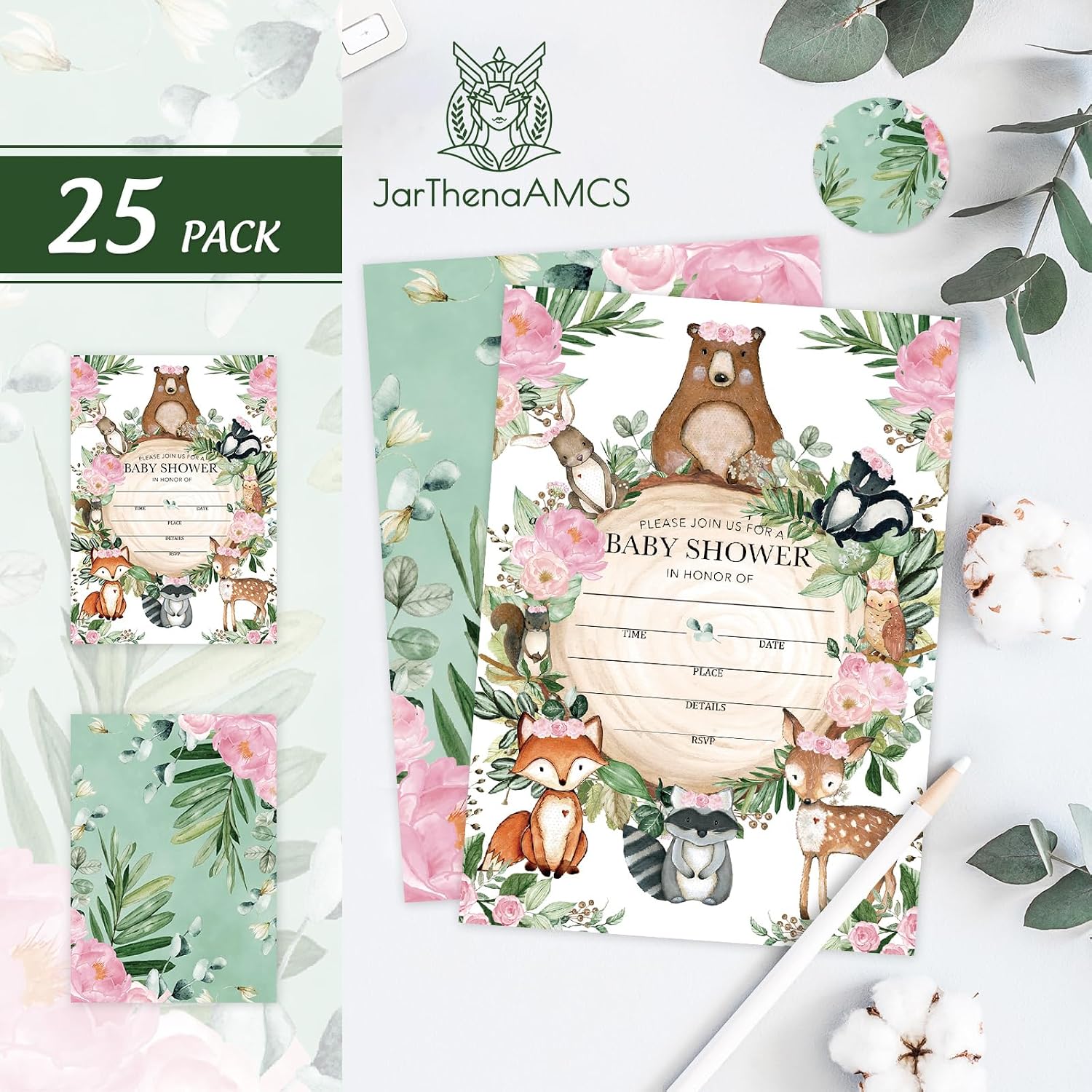 JarThenaAMCS 25 Pack Woodland Baby Shower Party Invitations Pink Floral Forest Animal Invitation Paper Cards Fill in Blank Invites with Envelopes Stickers for Birthday Party Supplies