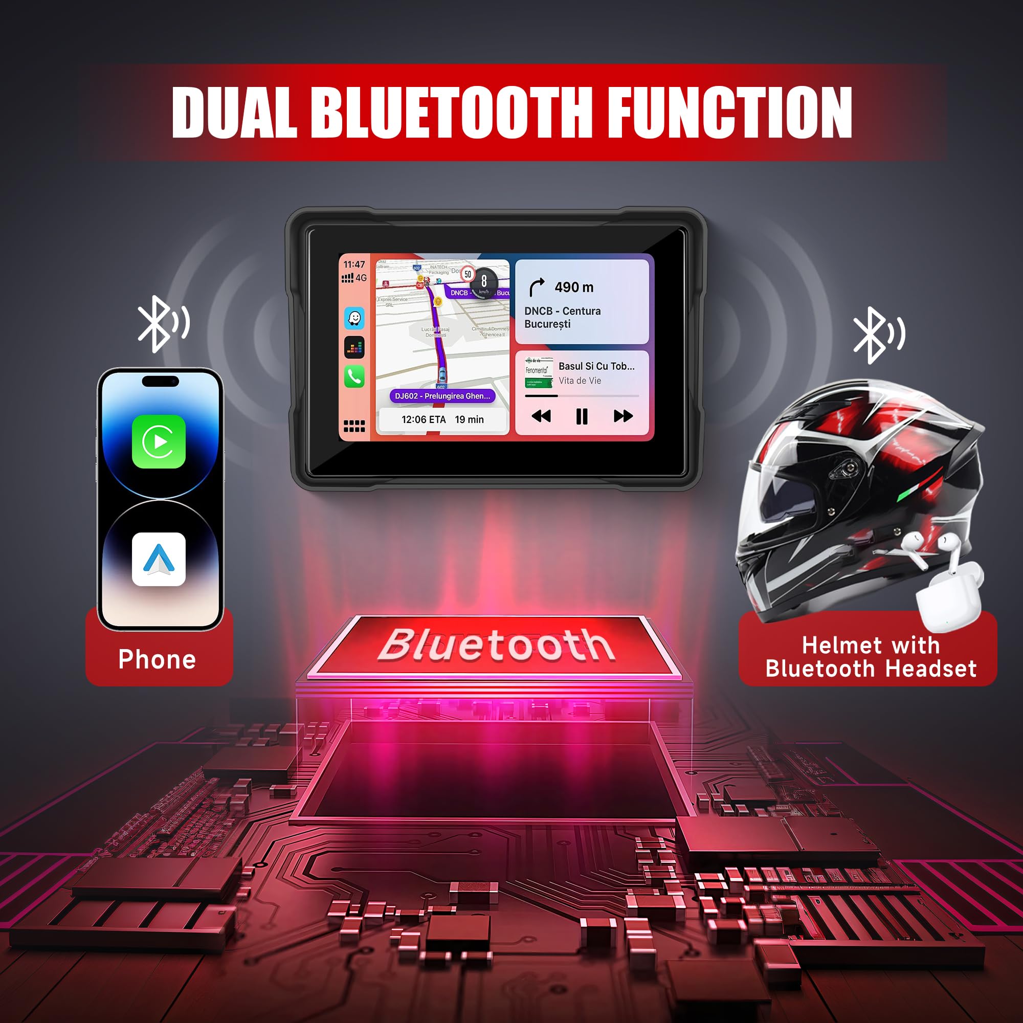 Rimoody Moto Senza Fili Carplay Schermo per Moto, 5 Pollici Touchscreen Autoradio Portatile per Moto, IP67 Impermeabile con Android Auto Airplay/Android Cast/Bluetooth/Controllo Vocale/AUX/USB/EQ/SD