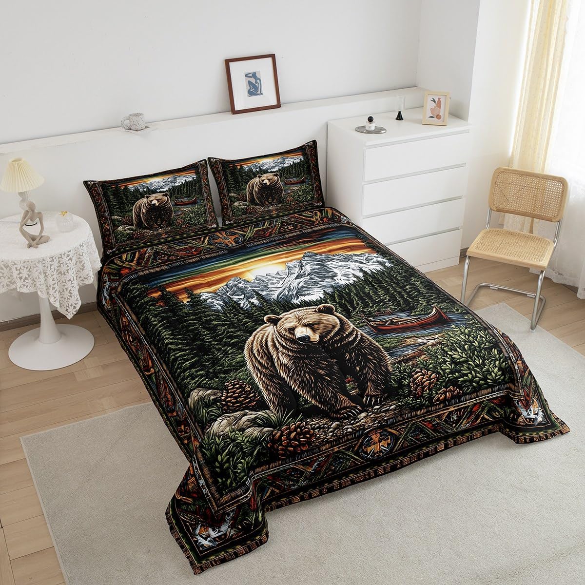Castle Fairy Bear Print Twin Size Comforter Set,Wildlife Animals Hunting Theme Duvet Set Soft Bed Collection,Lake House Trees Pinecone Bedding Comforter for Boys Girls Bedroom,2 Pcs